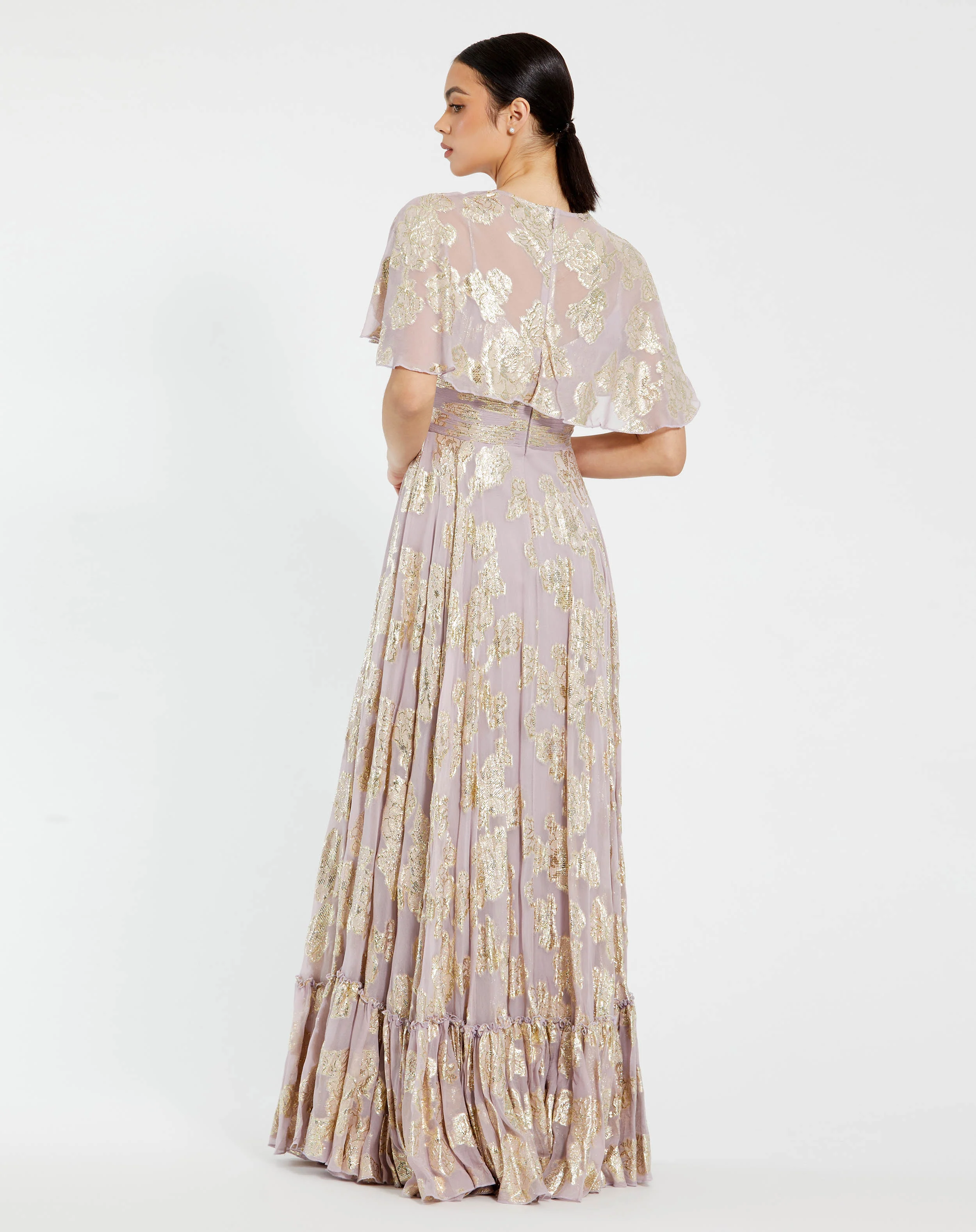 Purple Floral Print High Neck Cape Sleeve A Line Gown