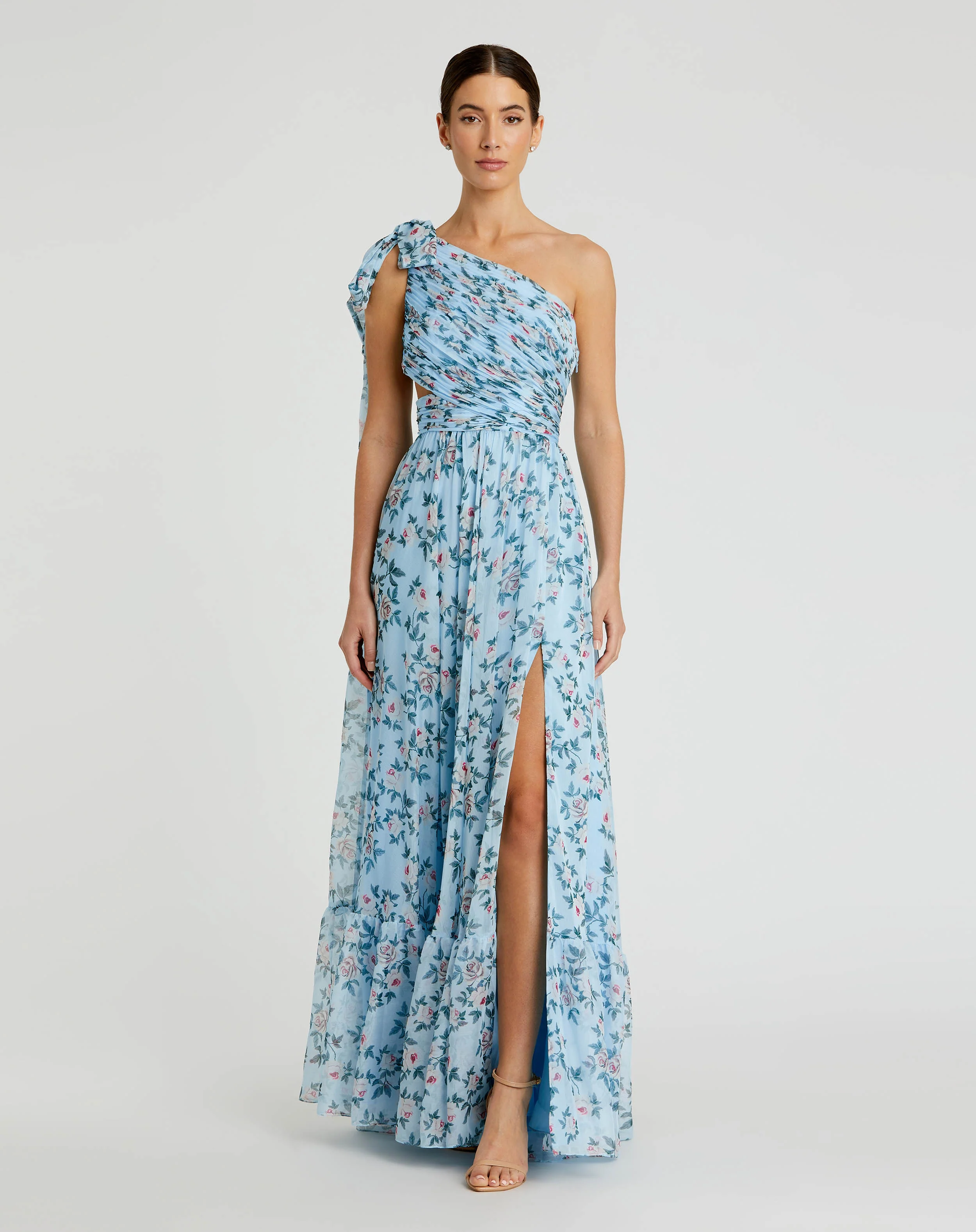 Blue Floral Chiffon One Shoulder Gown
