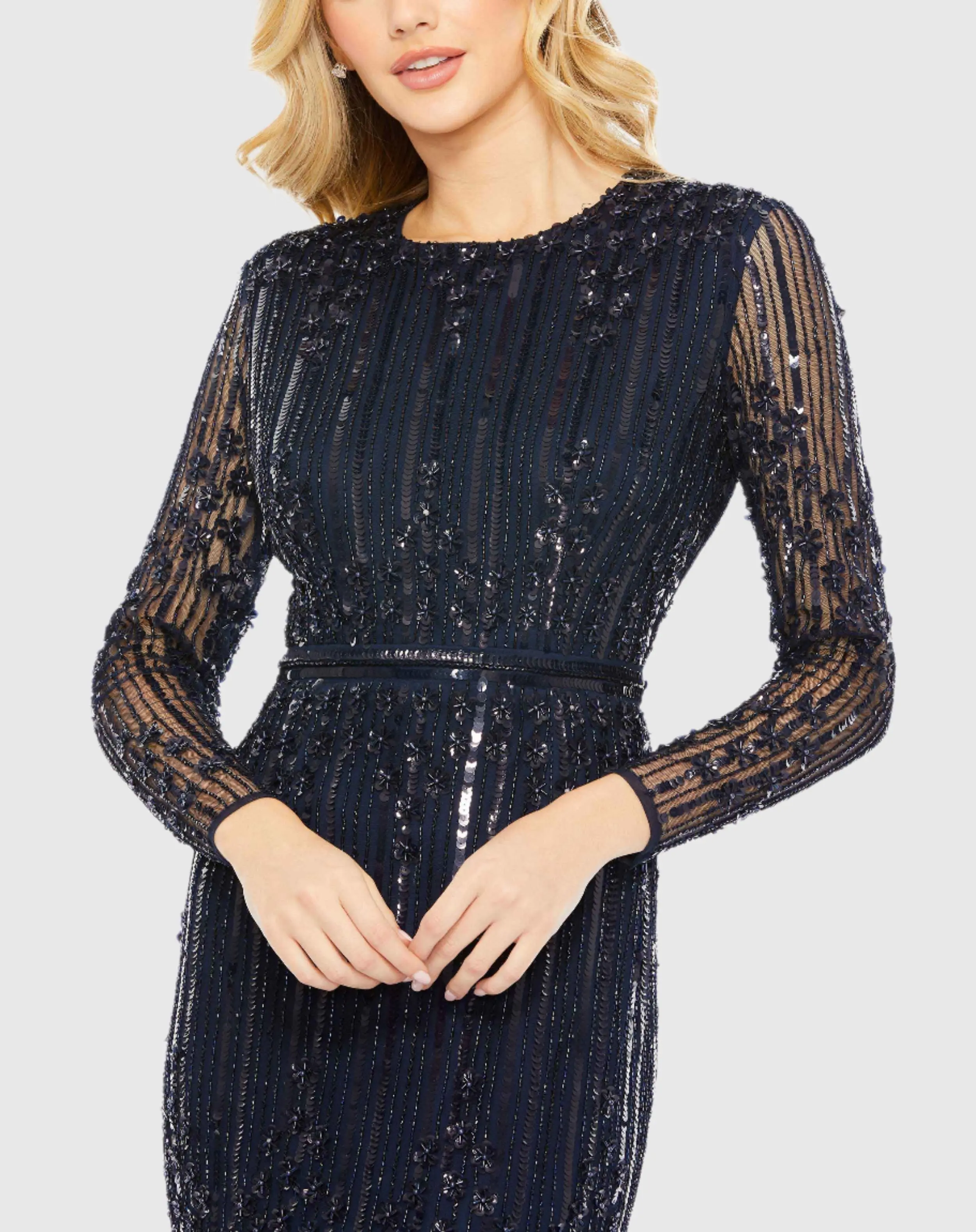 Embellished Long Sleeve Column Gown