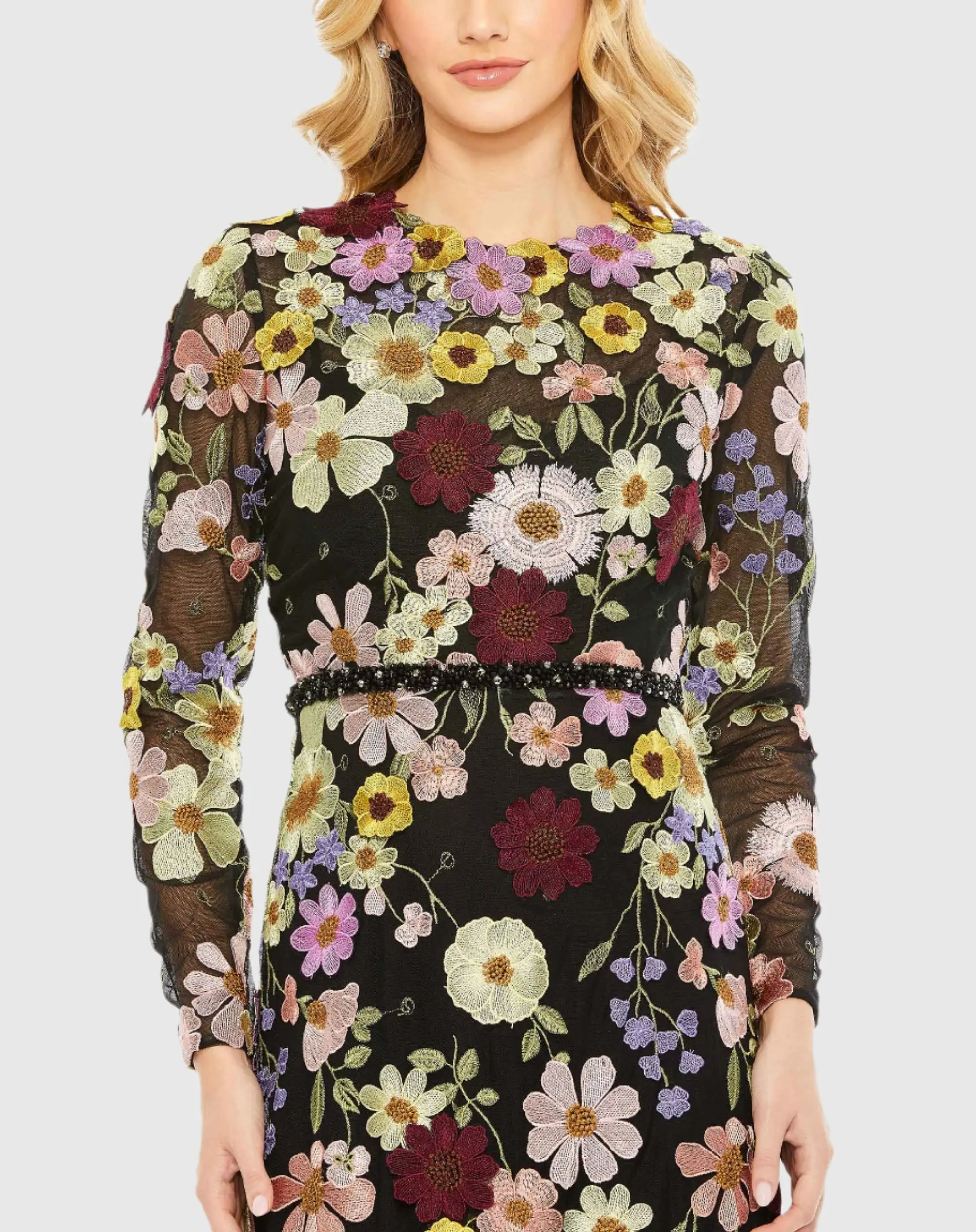 Embroidered Applique High Neck Long Sleeve Trumpet Gown - FINAL SALE