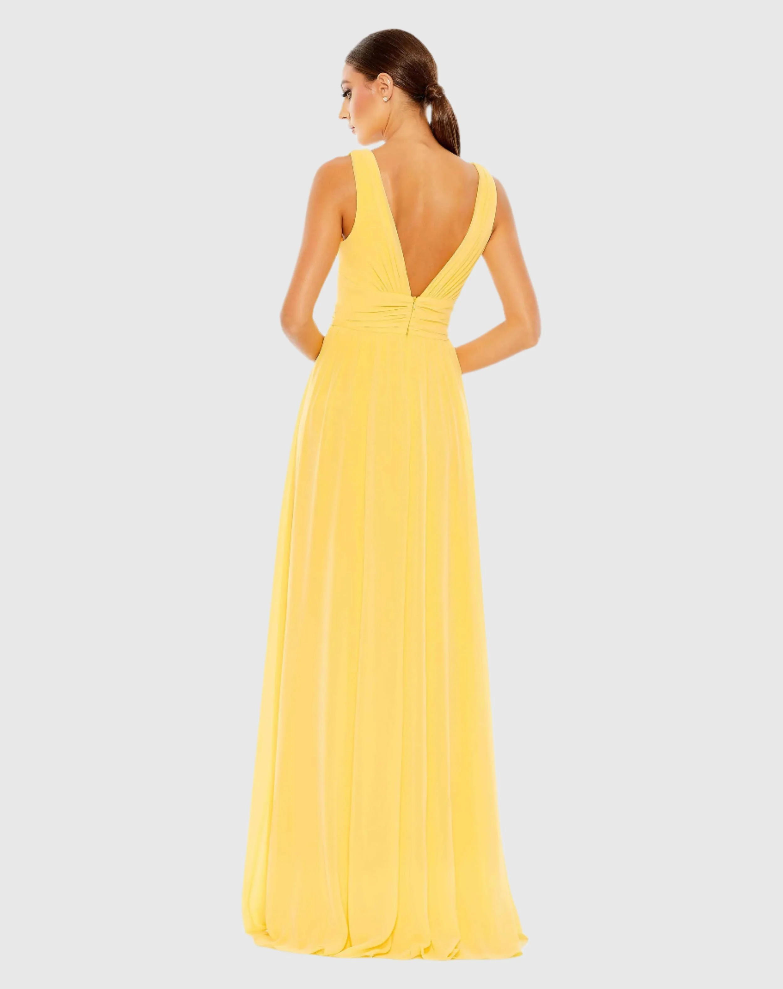 Yellow Chiffon Sleeveless Wrap Over A Line Gown