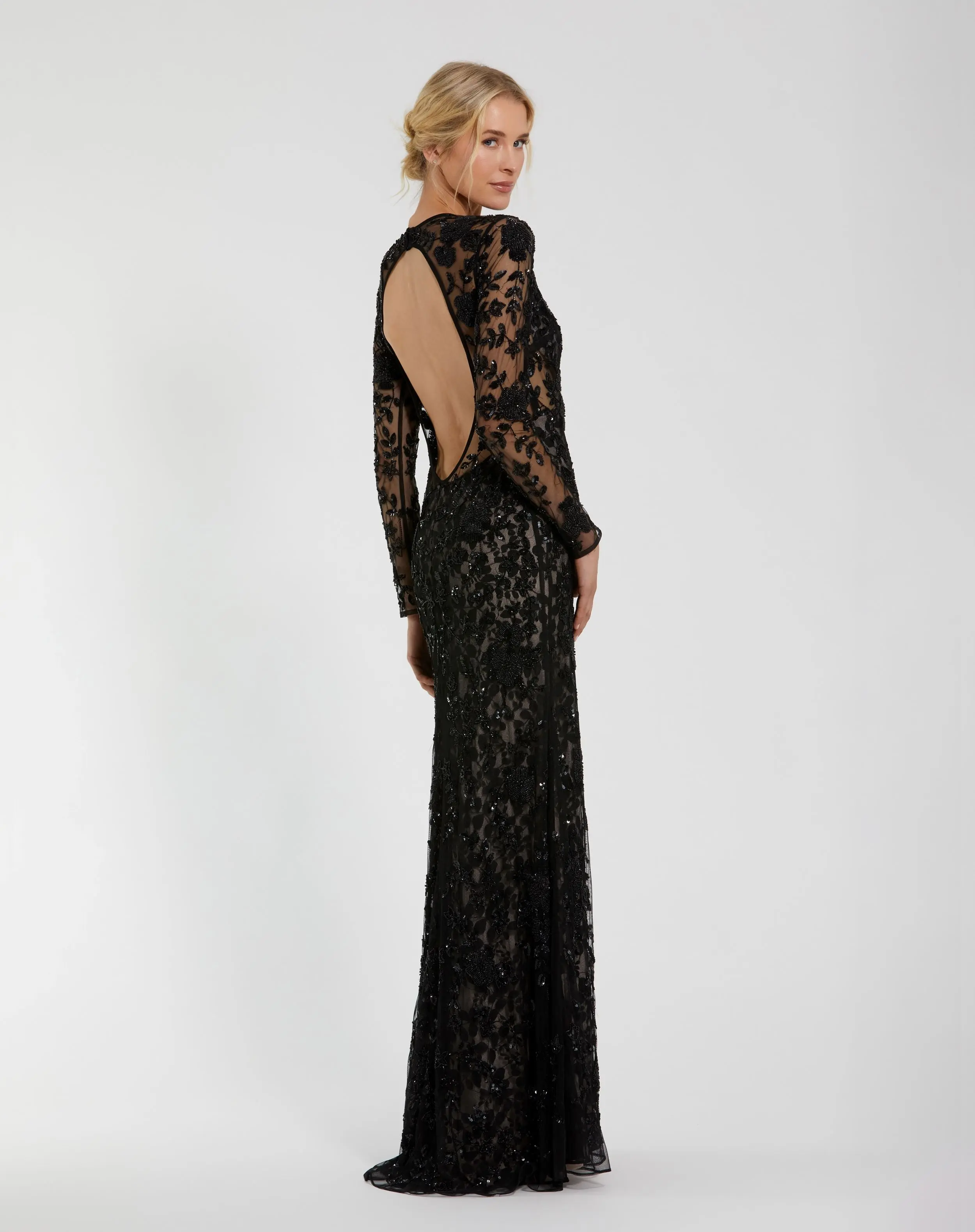 Black Long Sleeve Floral Embellished Gown