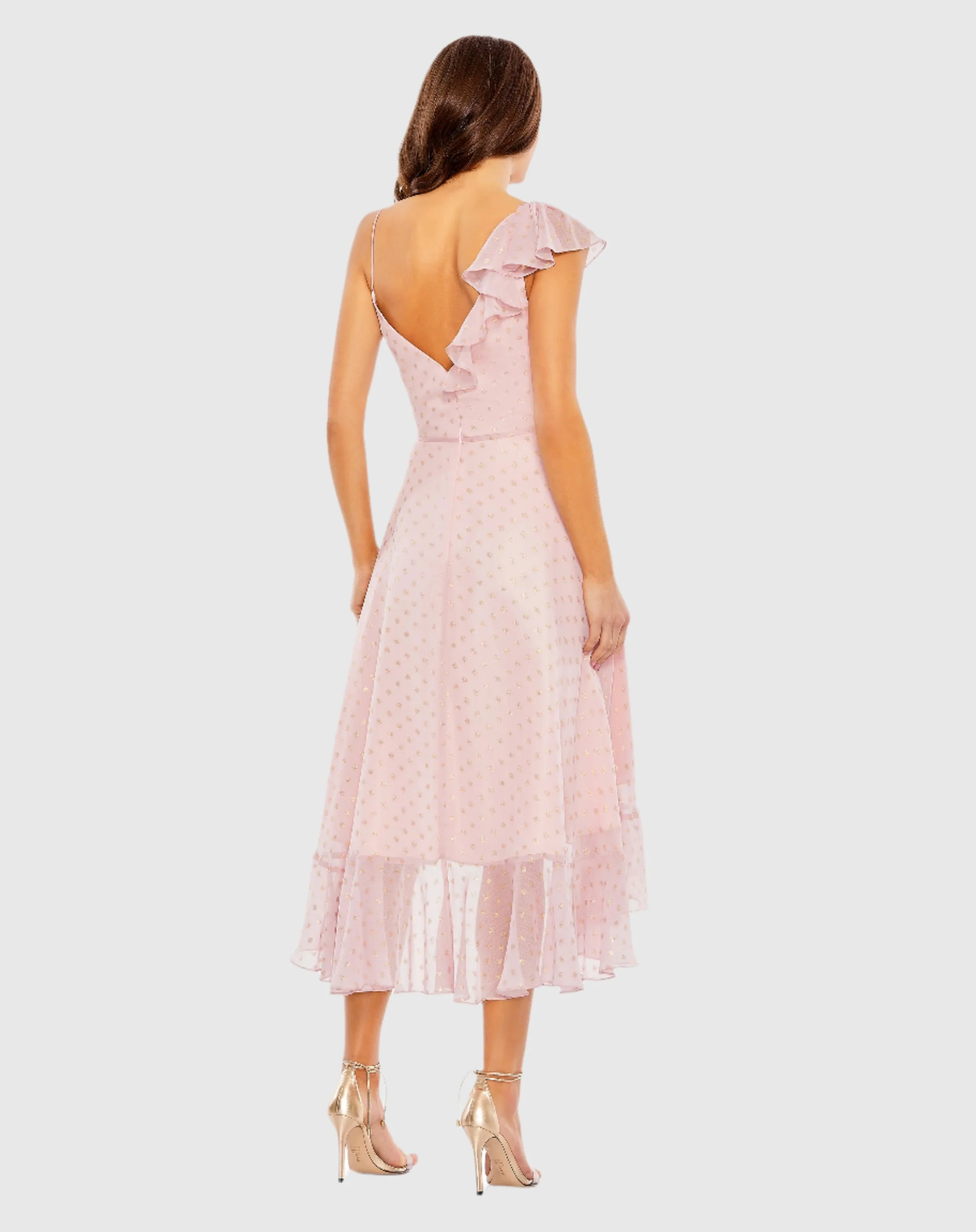 Pink Ruffled Faux Wrap Polka Dot Midi Dress