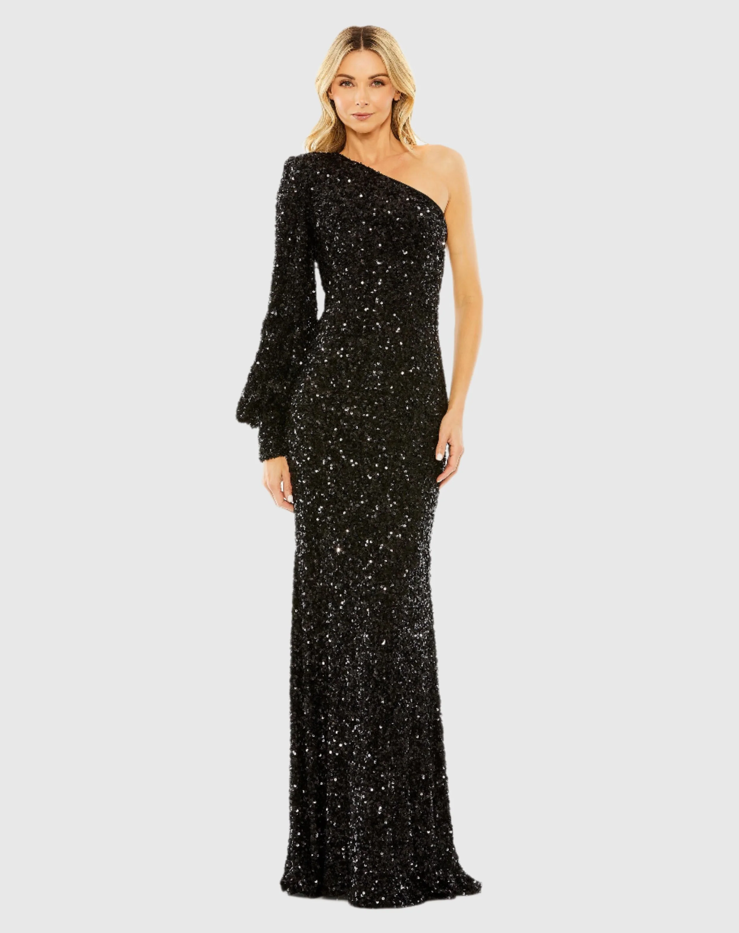 Black Sequined One Shoulder Bishop Sleeve Trumpet Gown