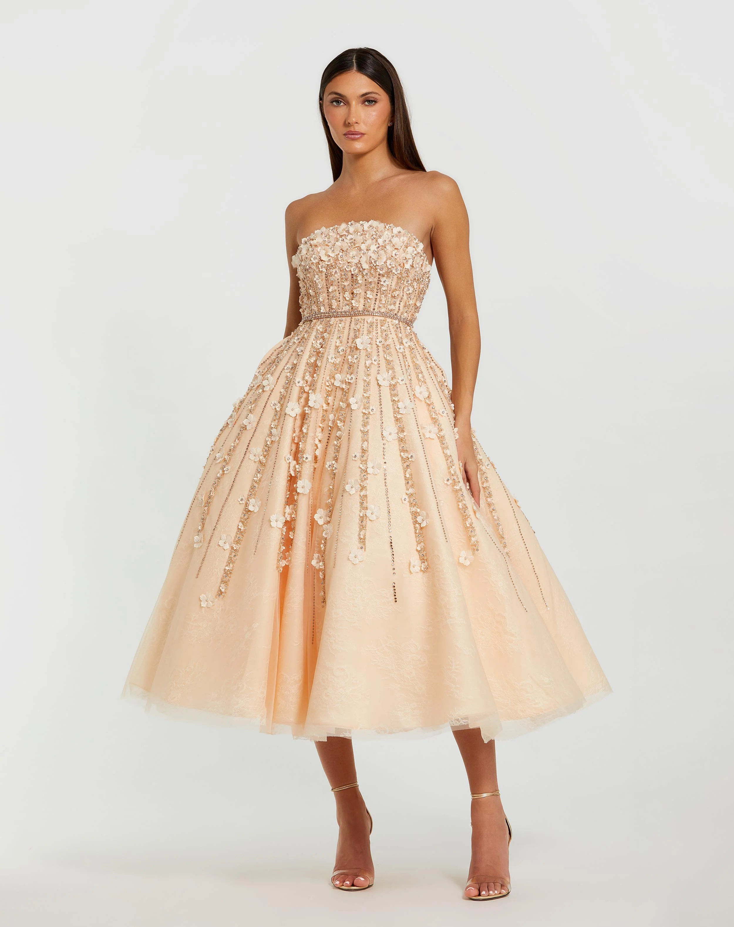 Pink Embellished Lace Strapless Midi A Line Dress