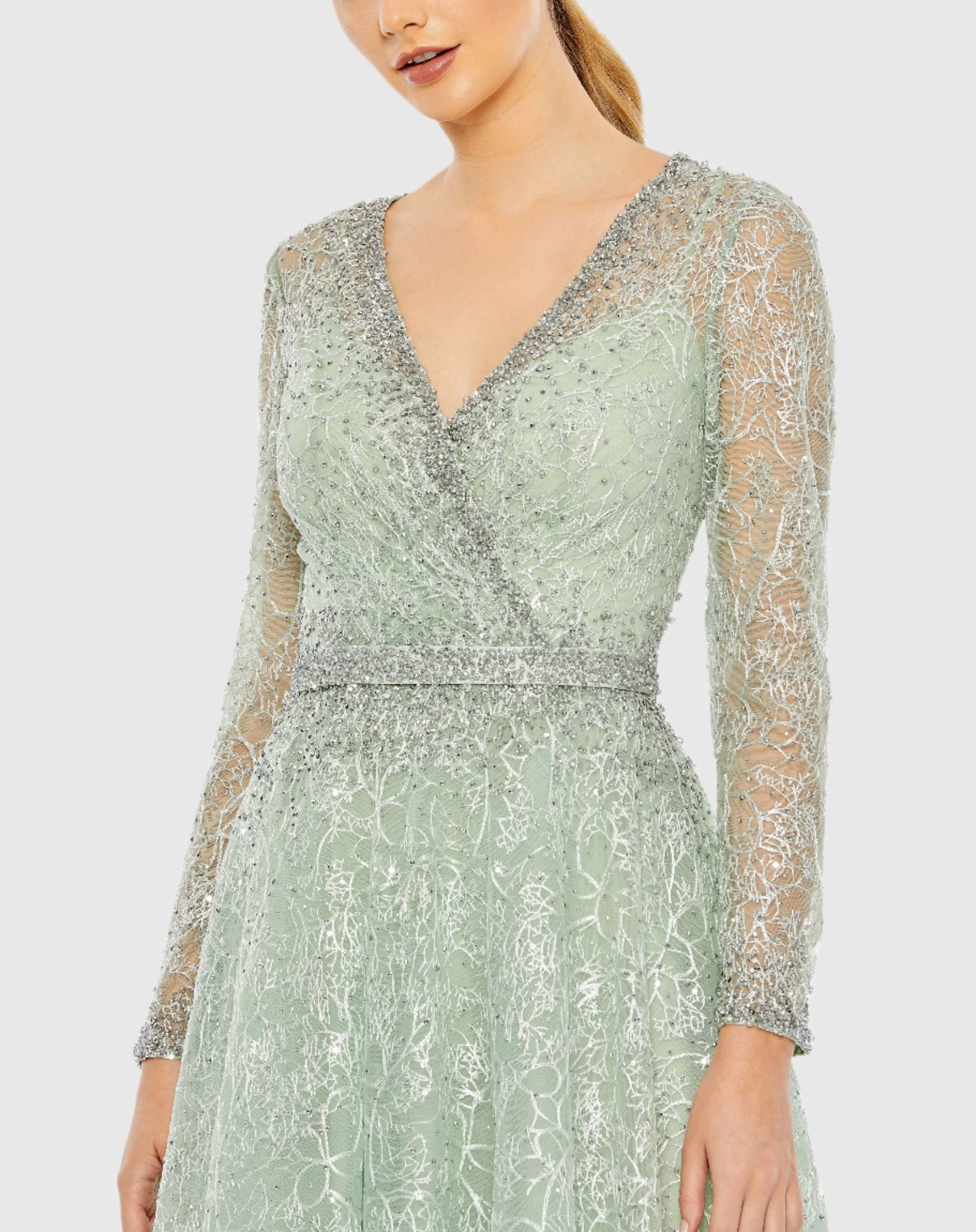Green Embellished Wrap Over Long Sleeve Midi Dress