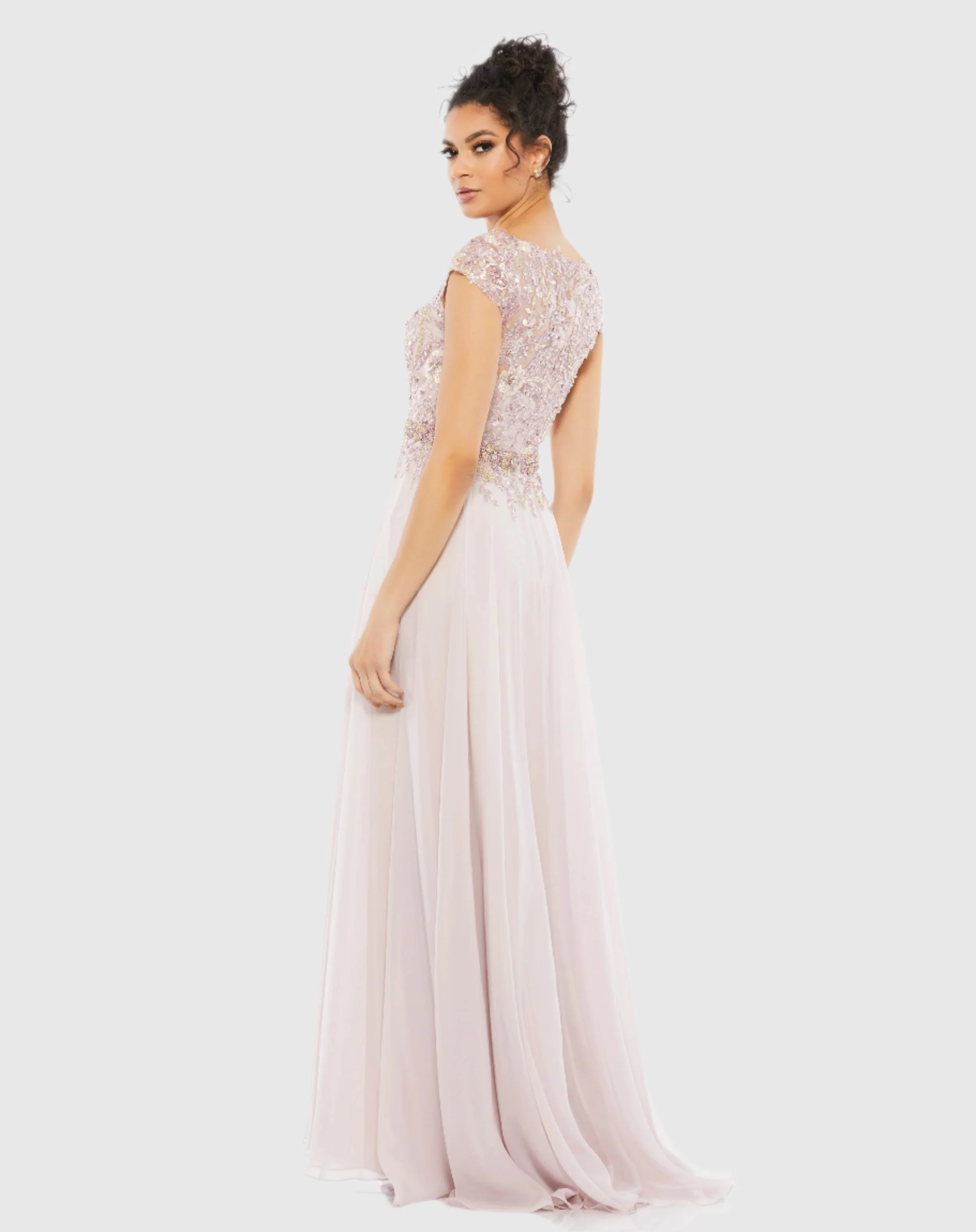 Pink Embellished Cap Sleeve Bodice Flowy Gown