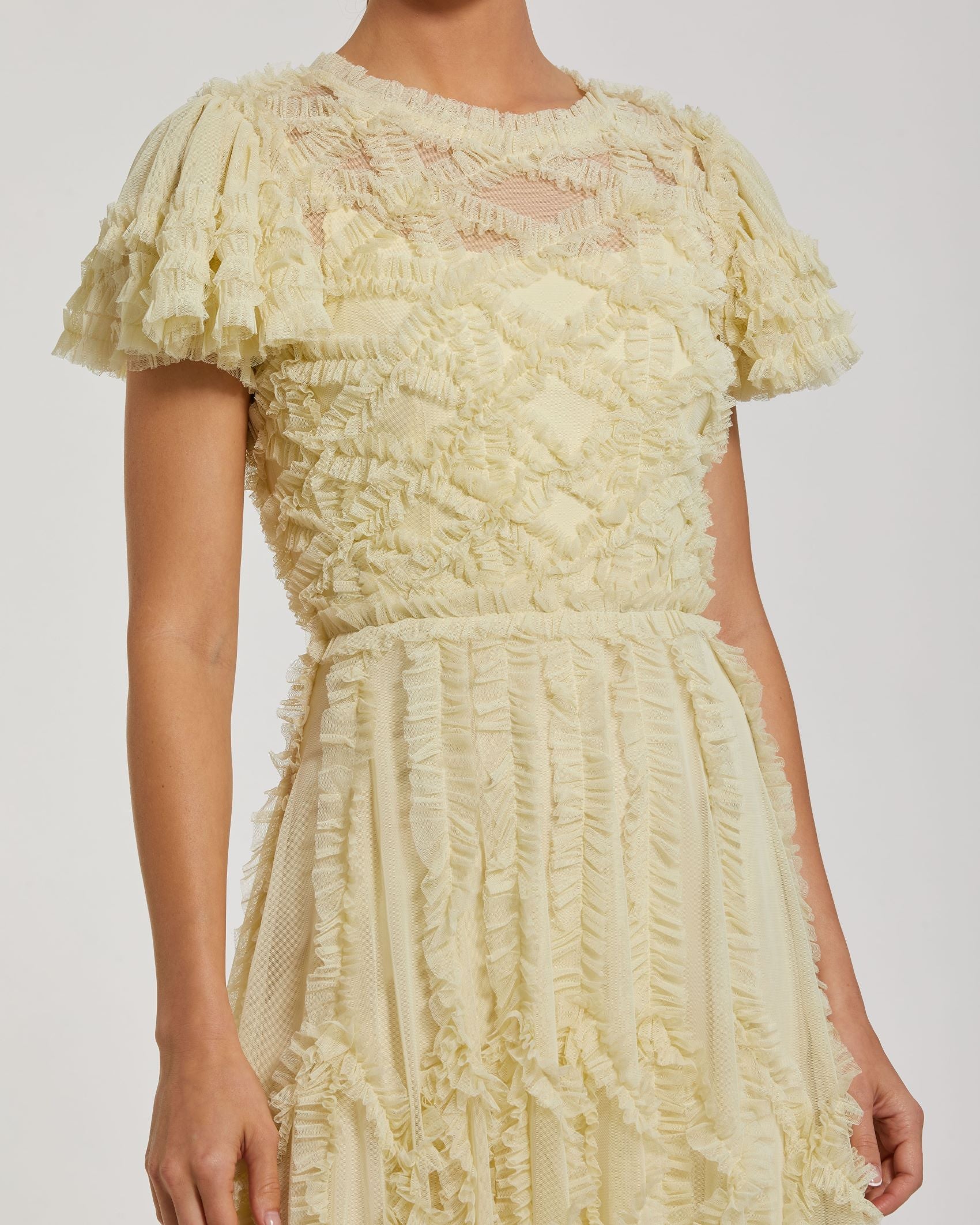 Yellow Solid Mesh Dotted Micro Ruffle High Neck Dress