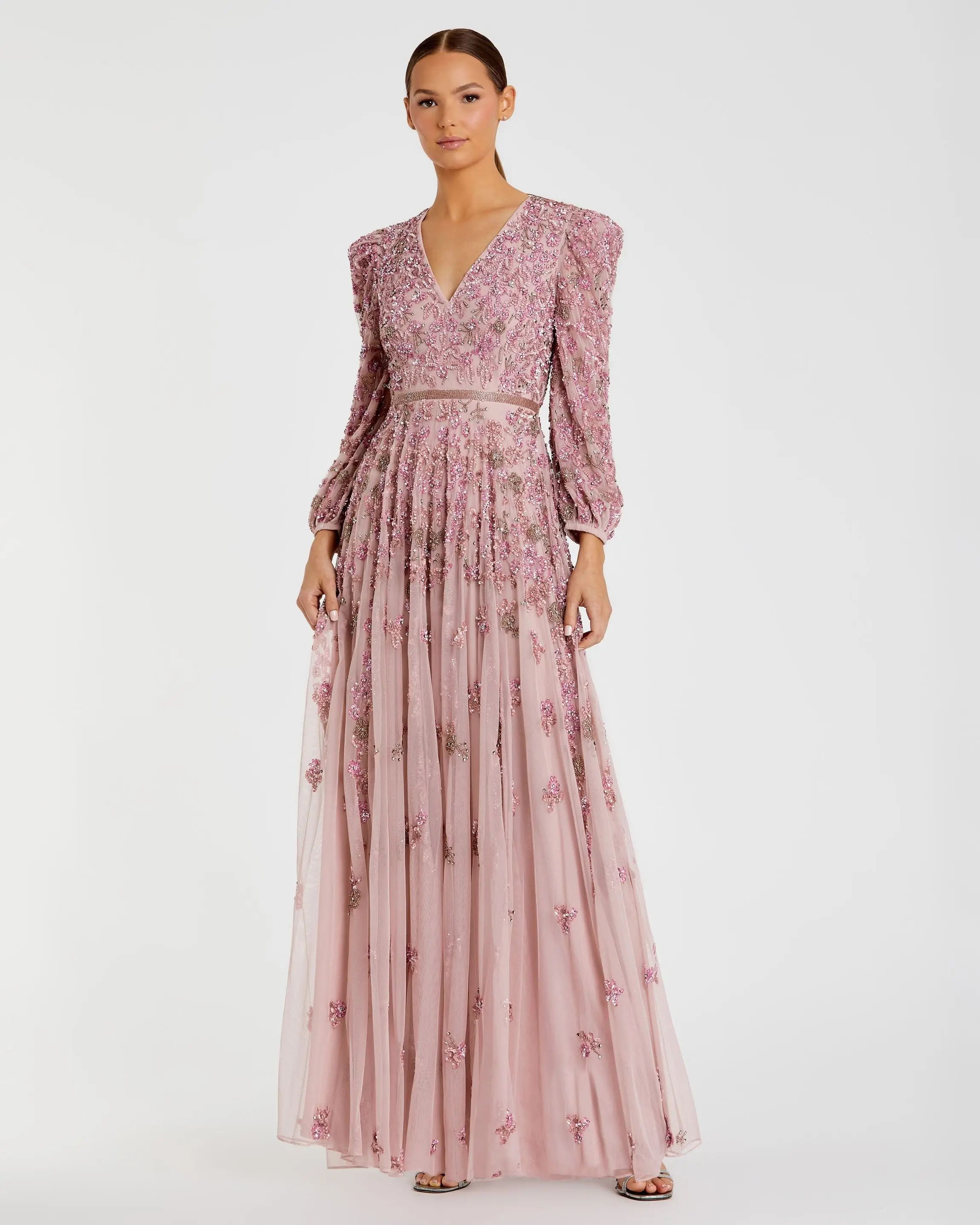 Pink Embellished V Neck Long Sleeve A Line Gown