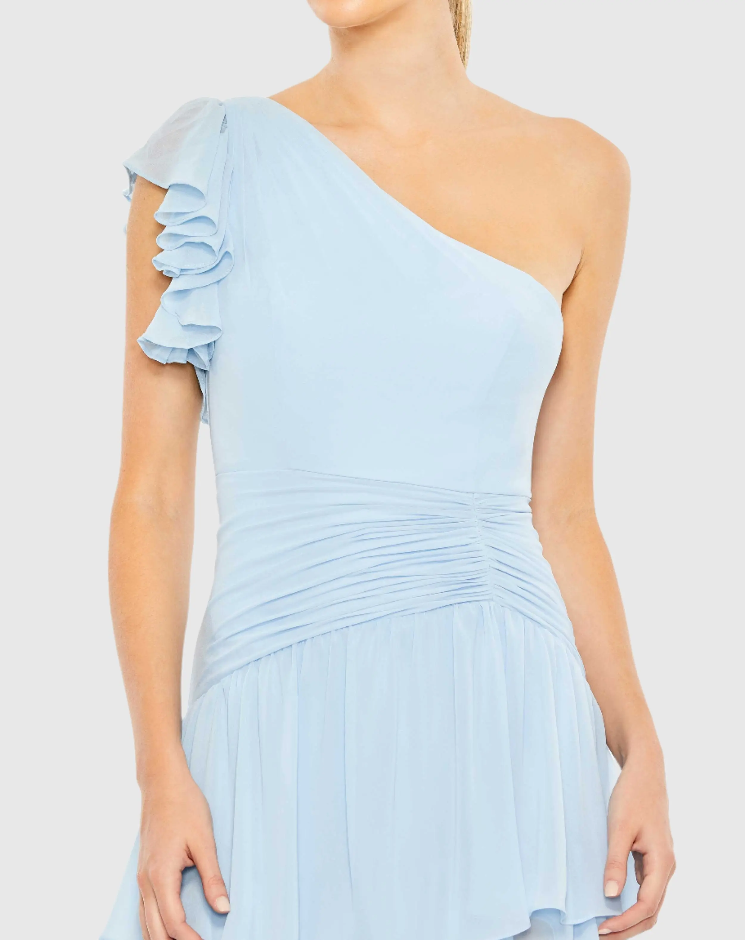 Blue Ruffle Tiered One Flutter Sleeve Gown