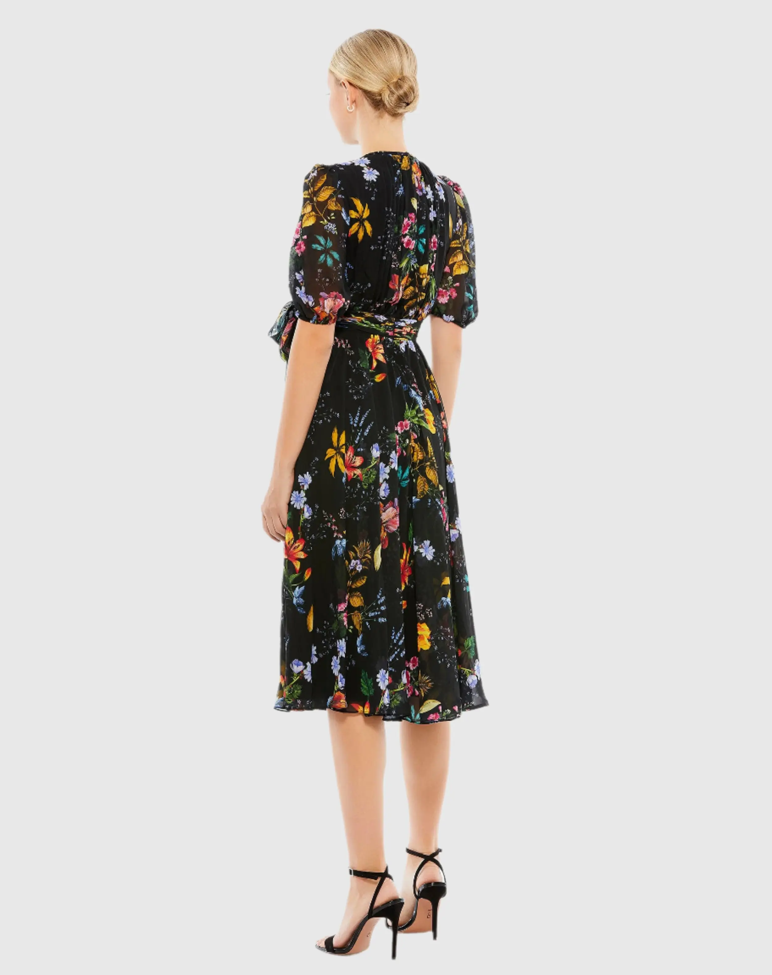 Floral Pattern High Neck Belted Midi Dress