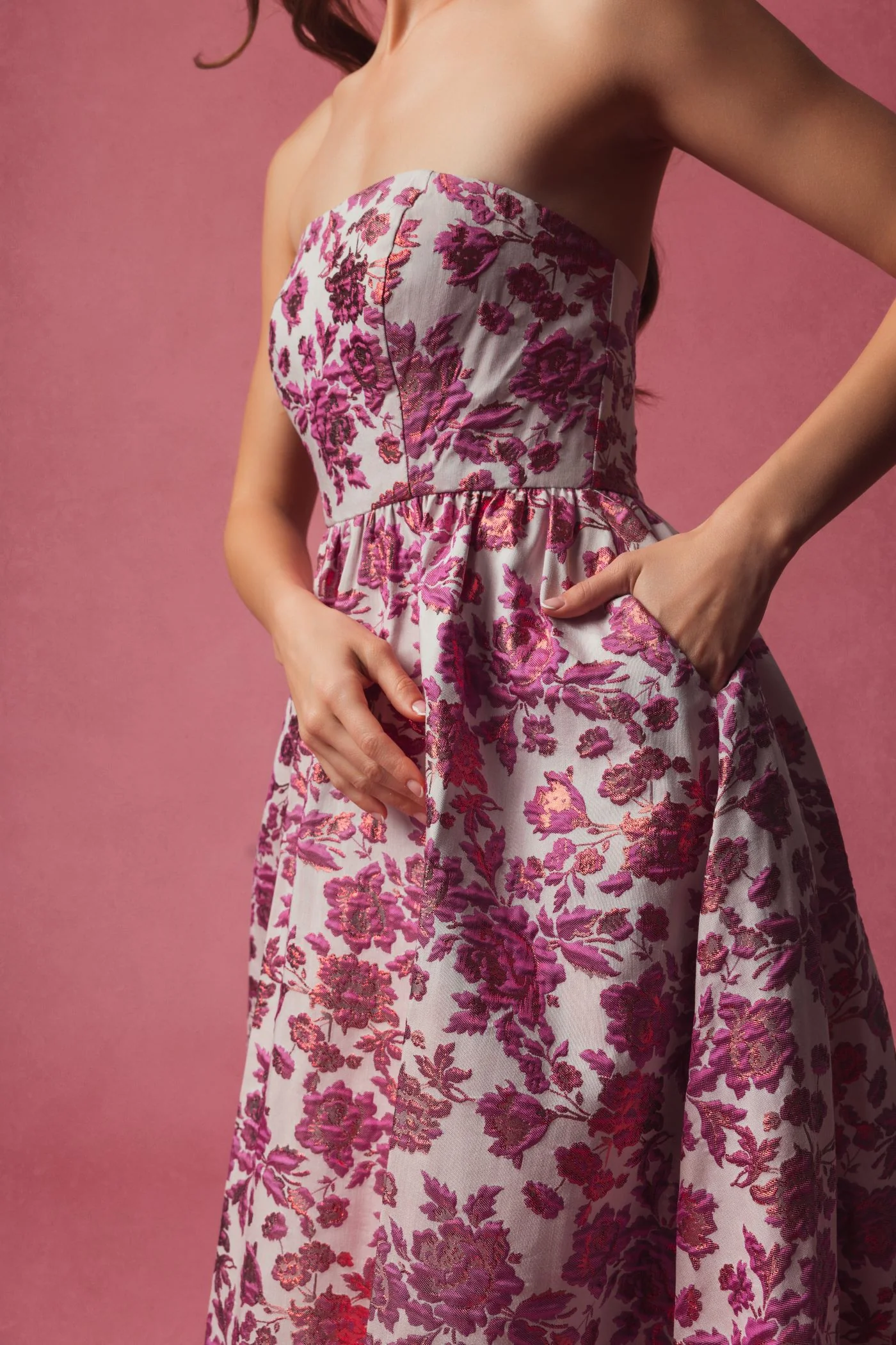 Pink Floral Brocade Strapless A Line Midi Dress