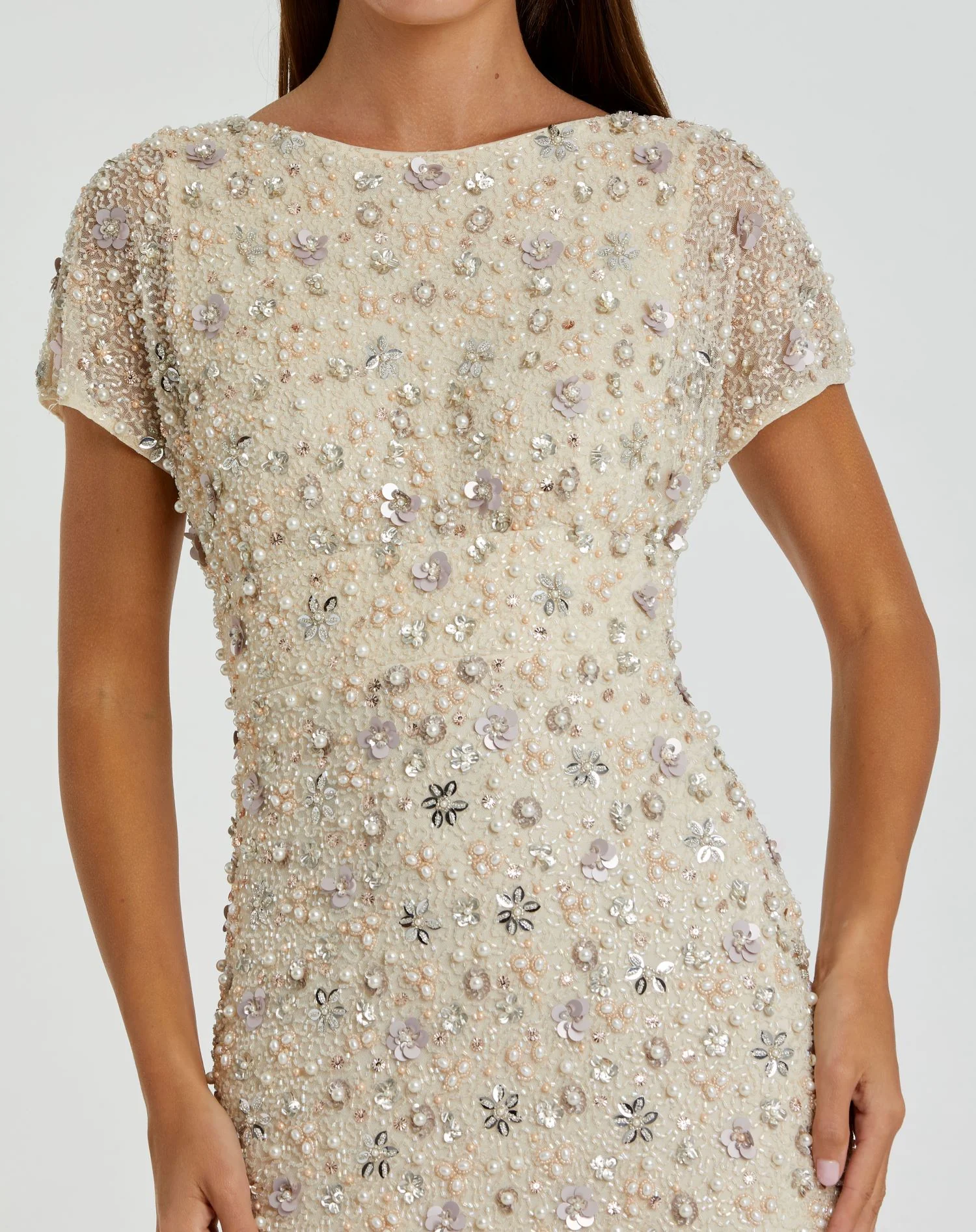 Ivory Floral Embellished Mesh Fitted Blouson Gown