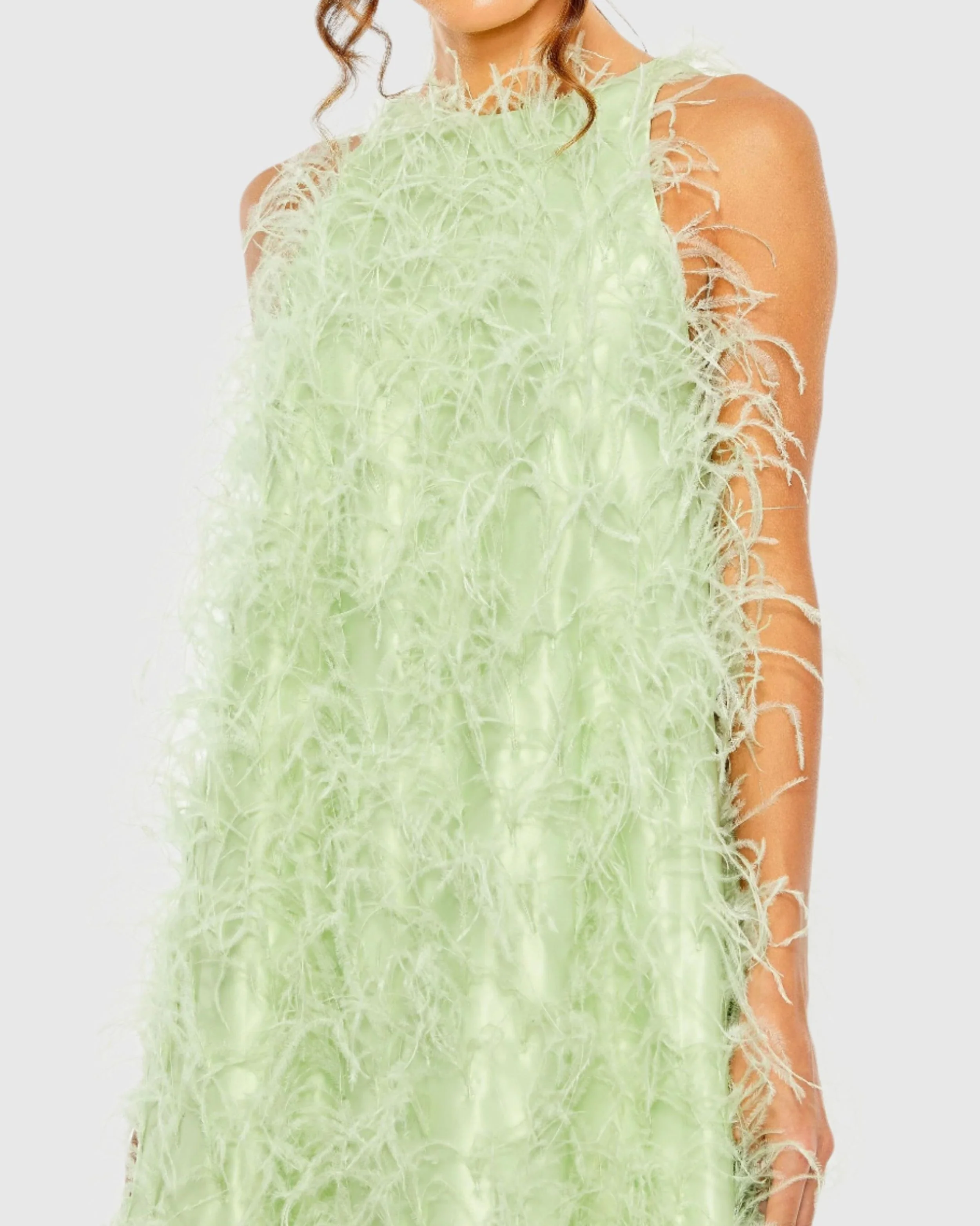 Green Sleeveless Feather Embellished Gown