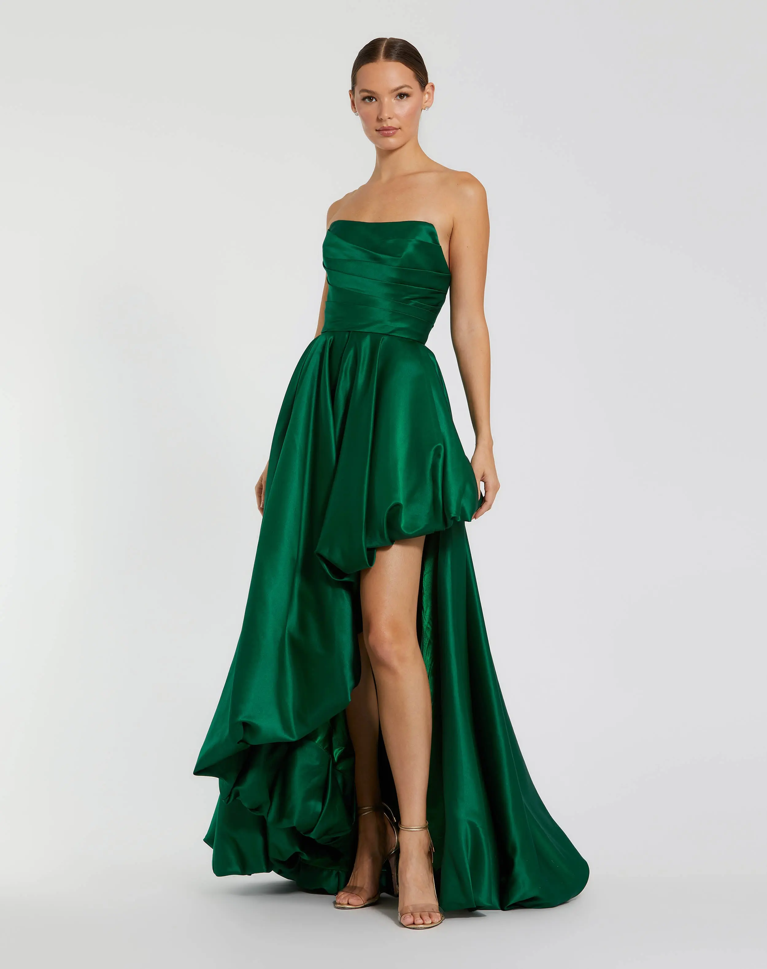Green Strapless Ruched High Low Gown