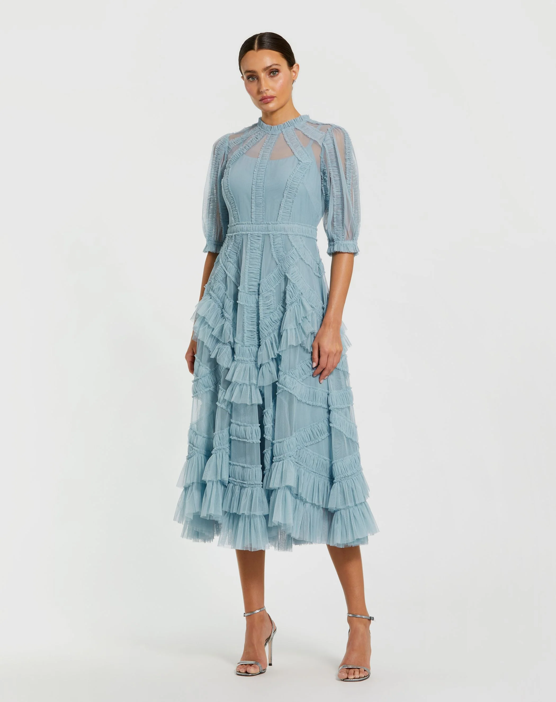 Blue High Neck Micro Ruffle Tiered Midi Dress