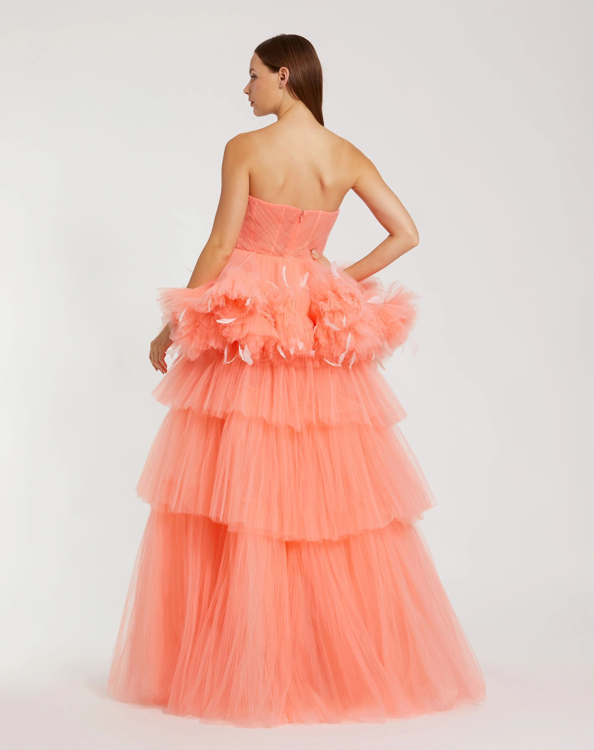 Orange Strapless Tulle Gown with Feather Detail