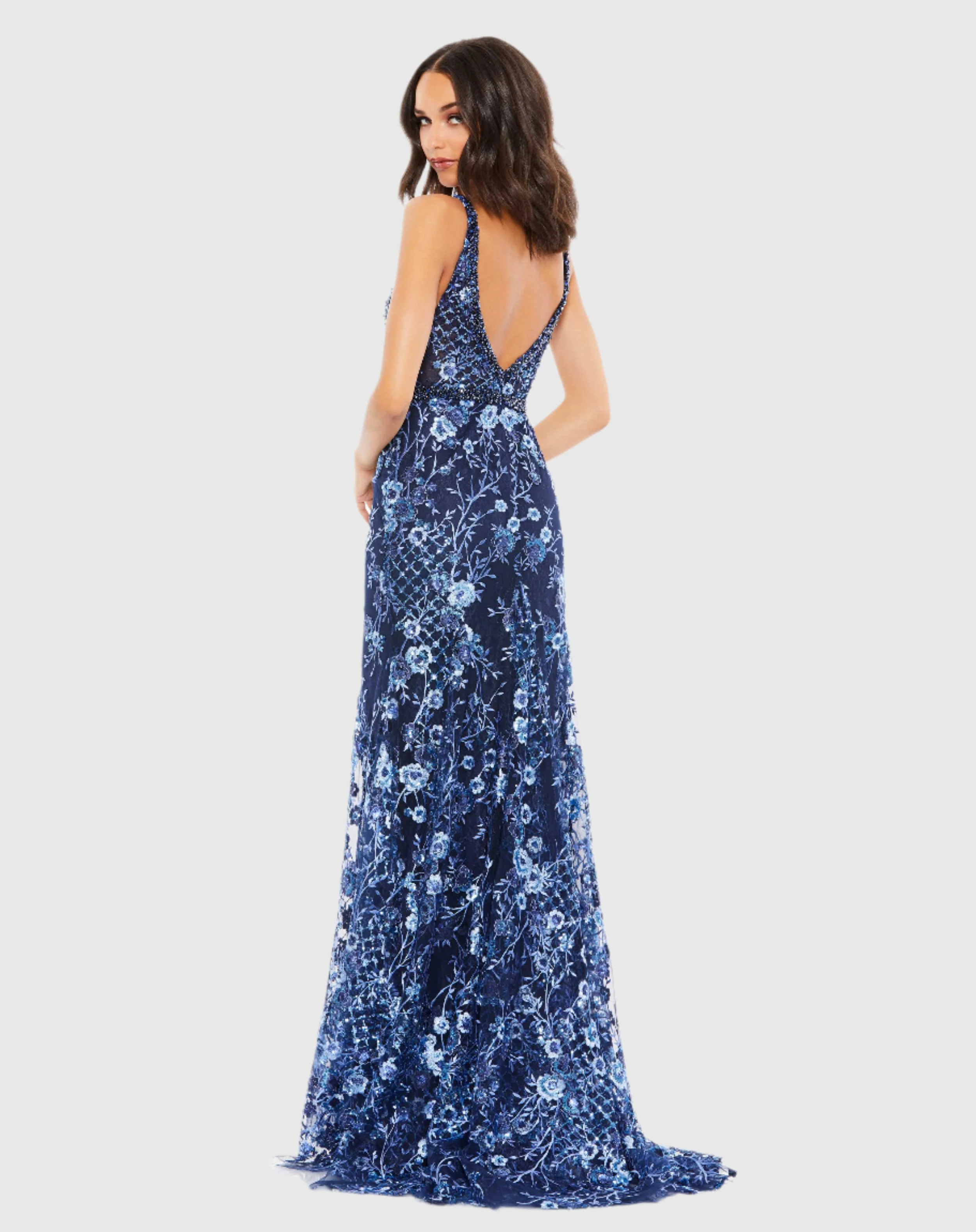 Blue Floral Embellished Sleeveless Plunge Neck Gown
