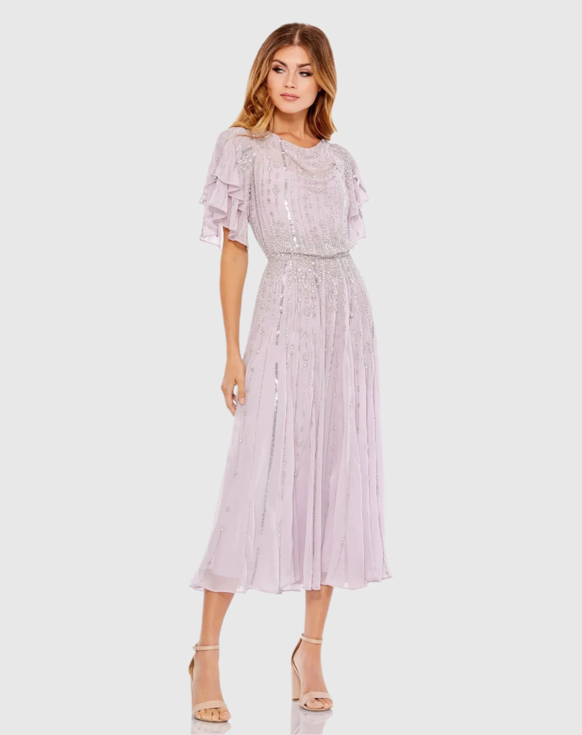 Purple High Neck Sequined Flutter Sleeve Midi Dress