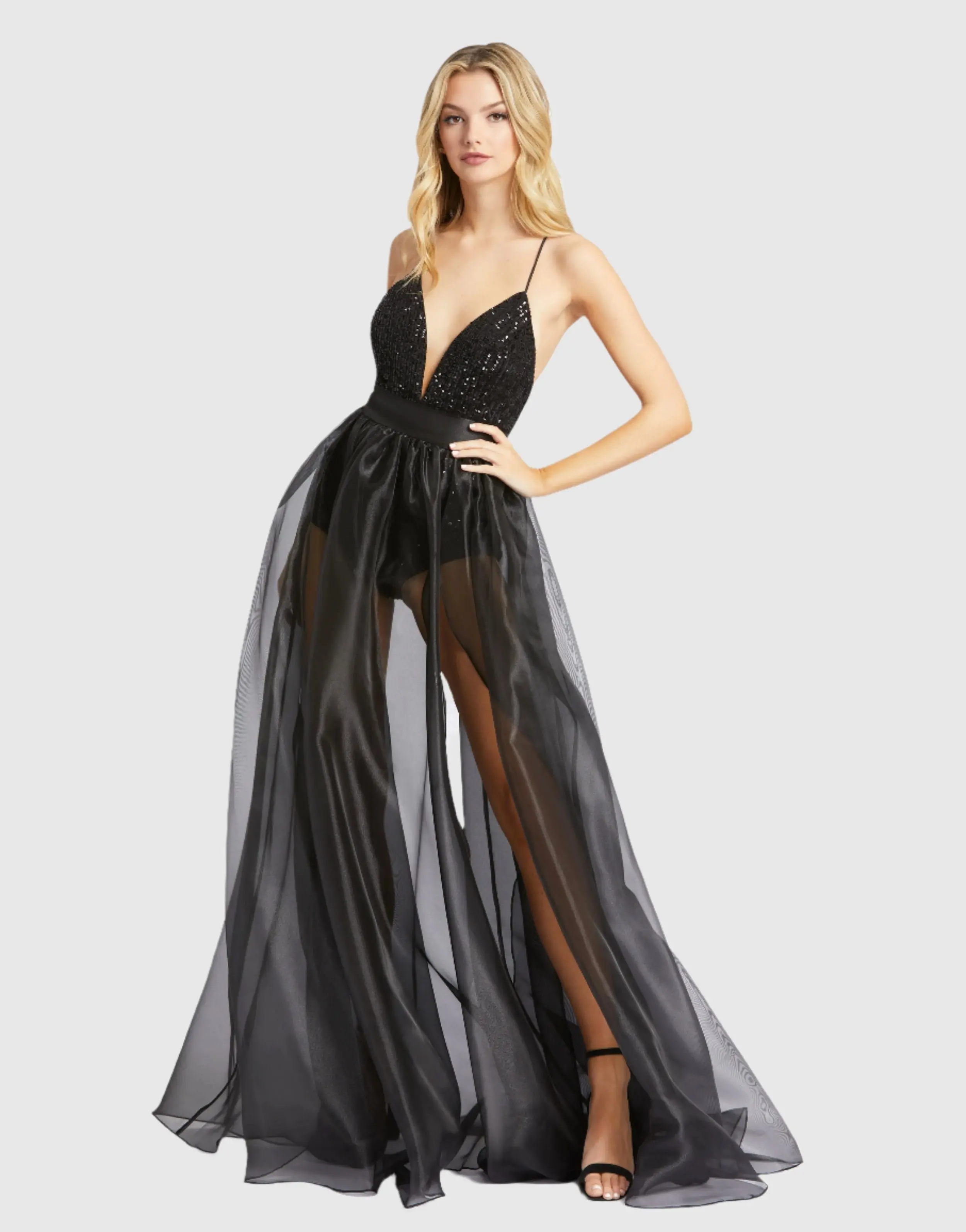 Sequined Sleeveless Plunge Neck Bodysuit Gown