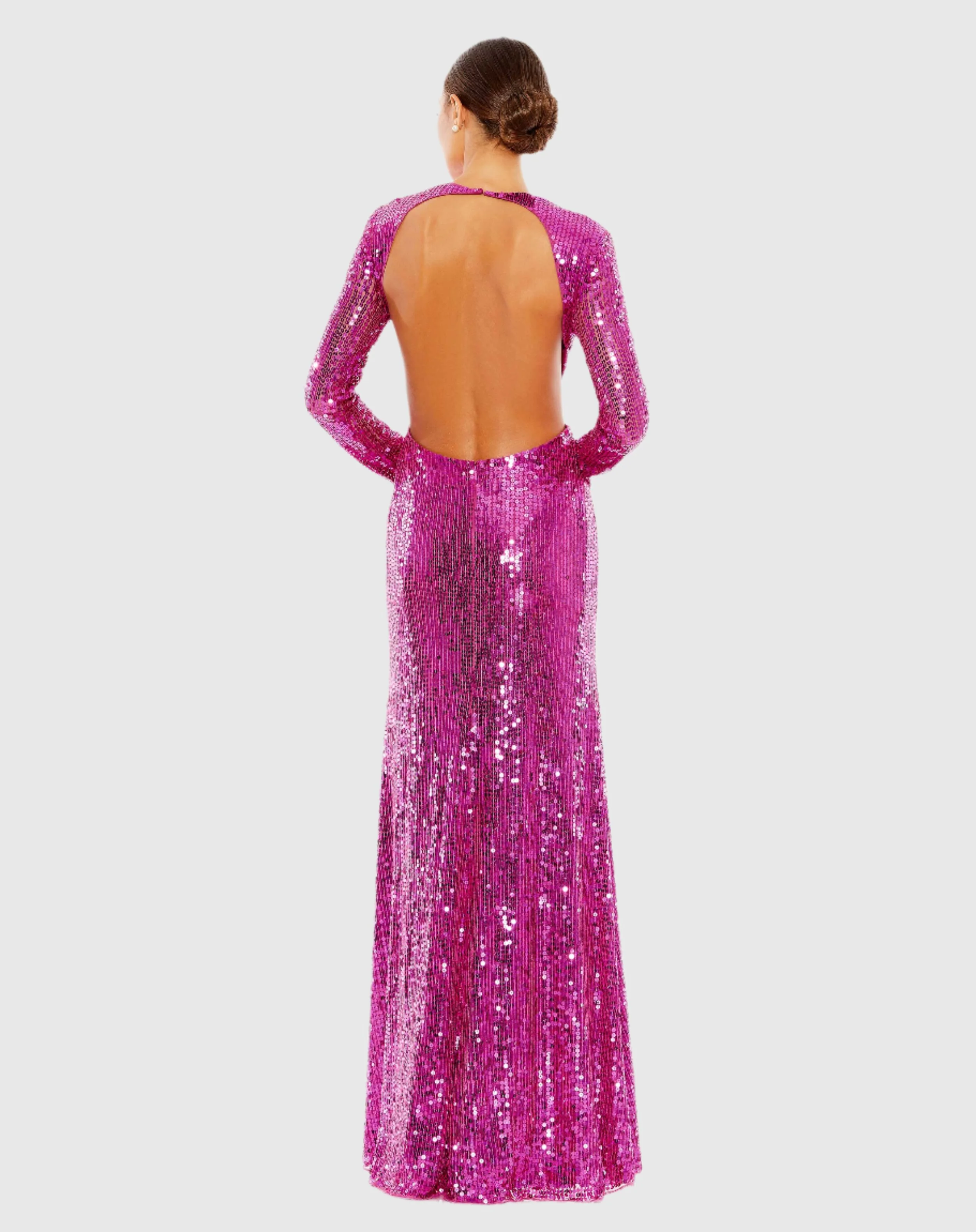 Sequined Long Sleeve High Neck Open Back Gown