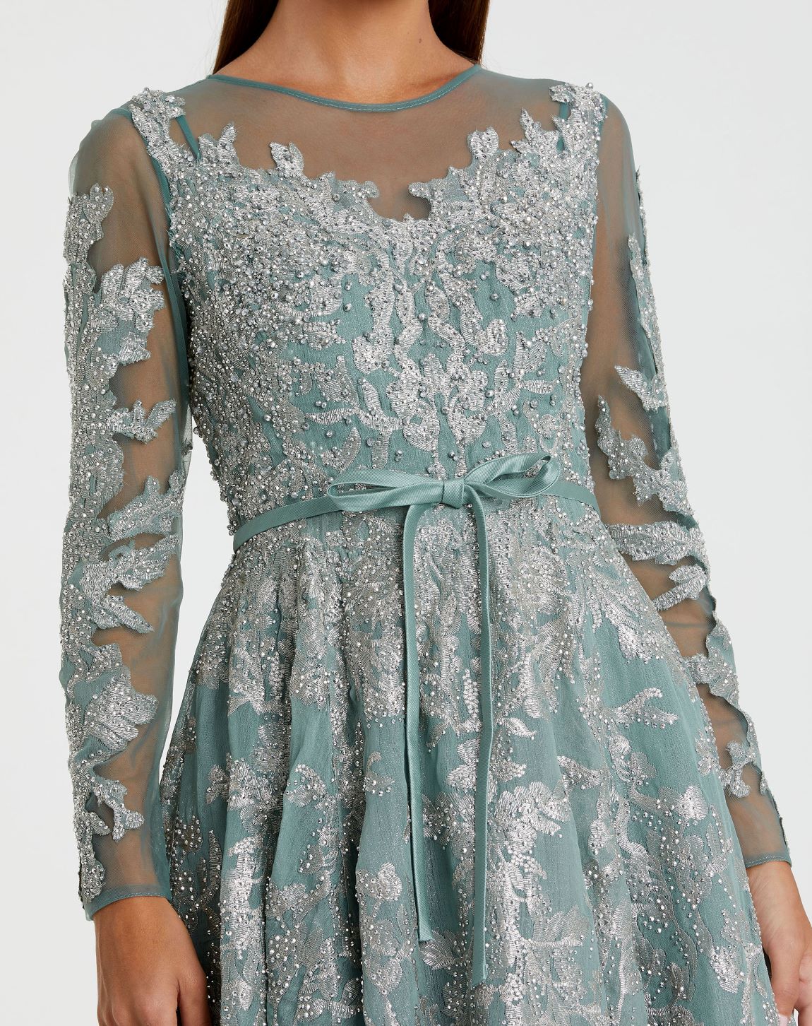 Green Embellished Bow Belt Illusion Long Sleeve A Line Dress