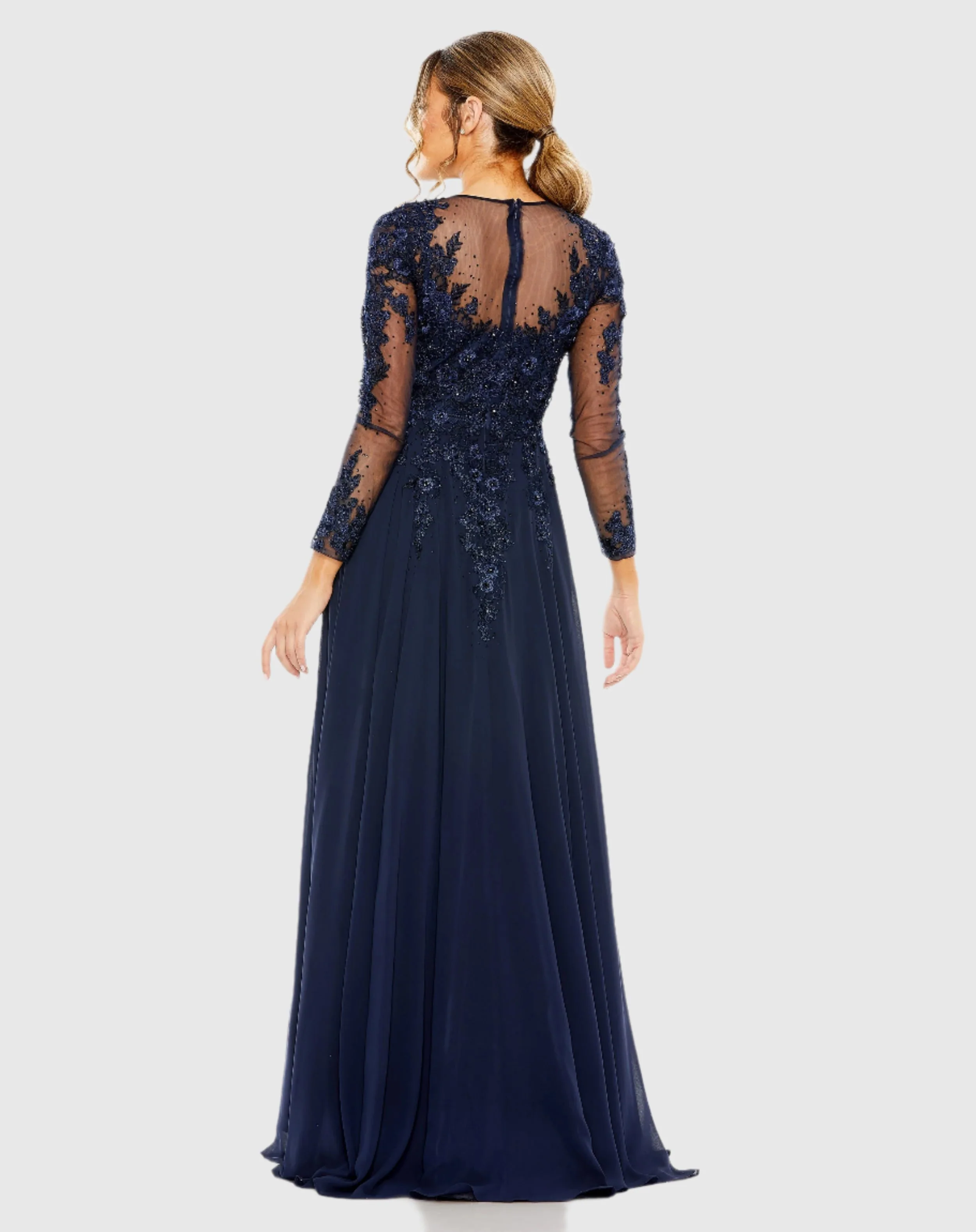 Navy High Neck Mesh Long Sleeve Embellished A Line Gown
