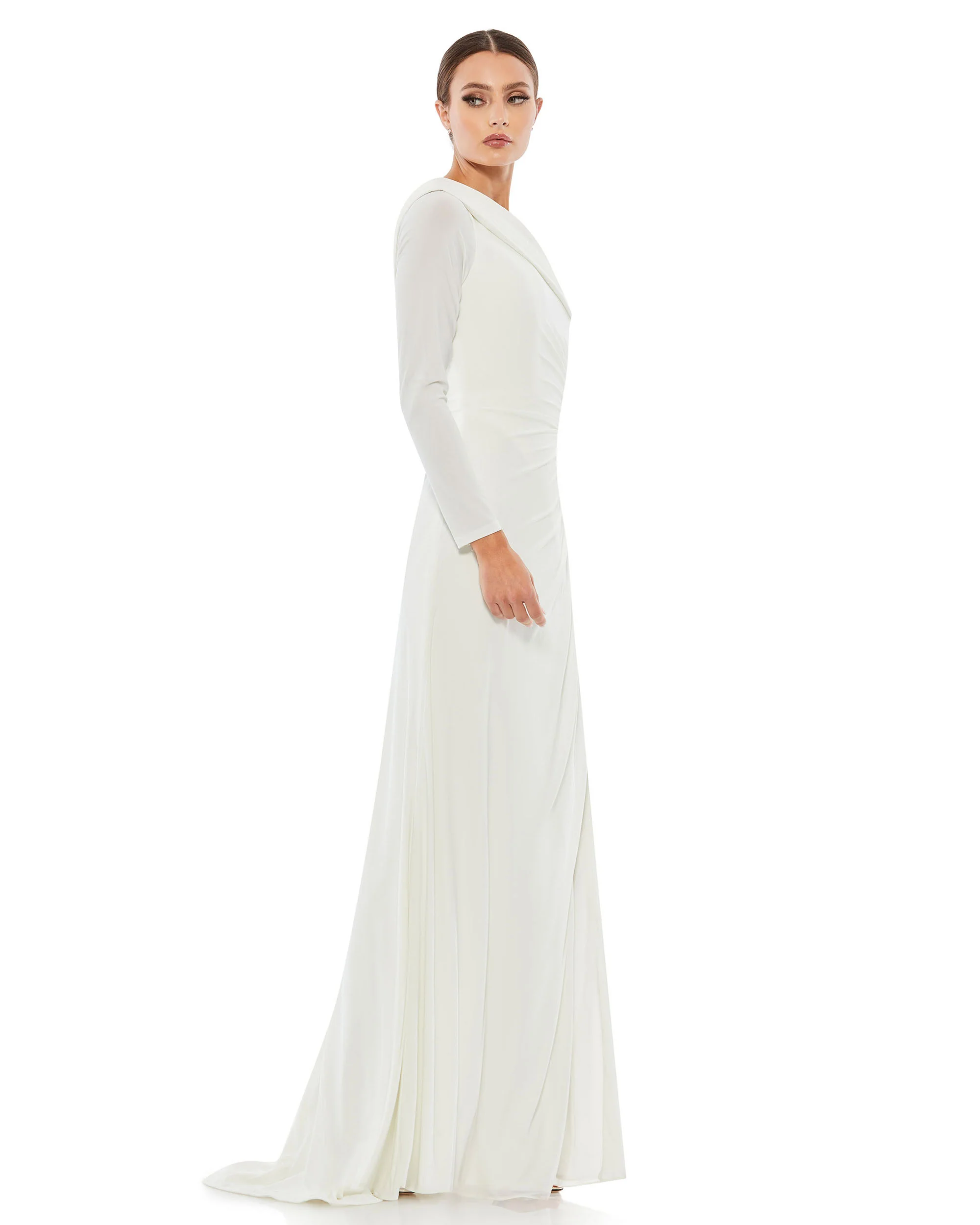 White Ruched Jersey Drop Shoulder Foldover Gown