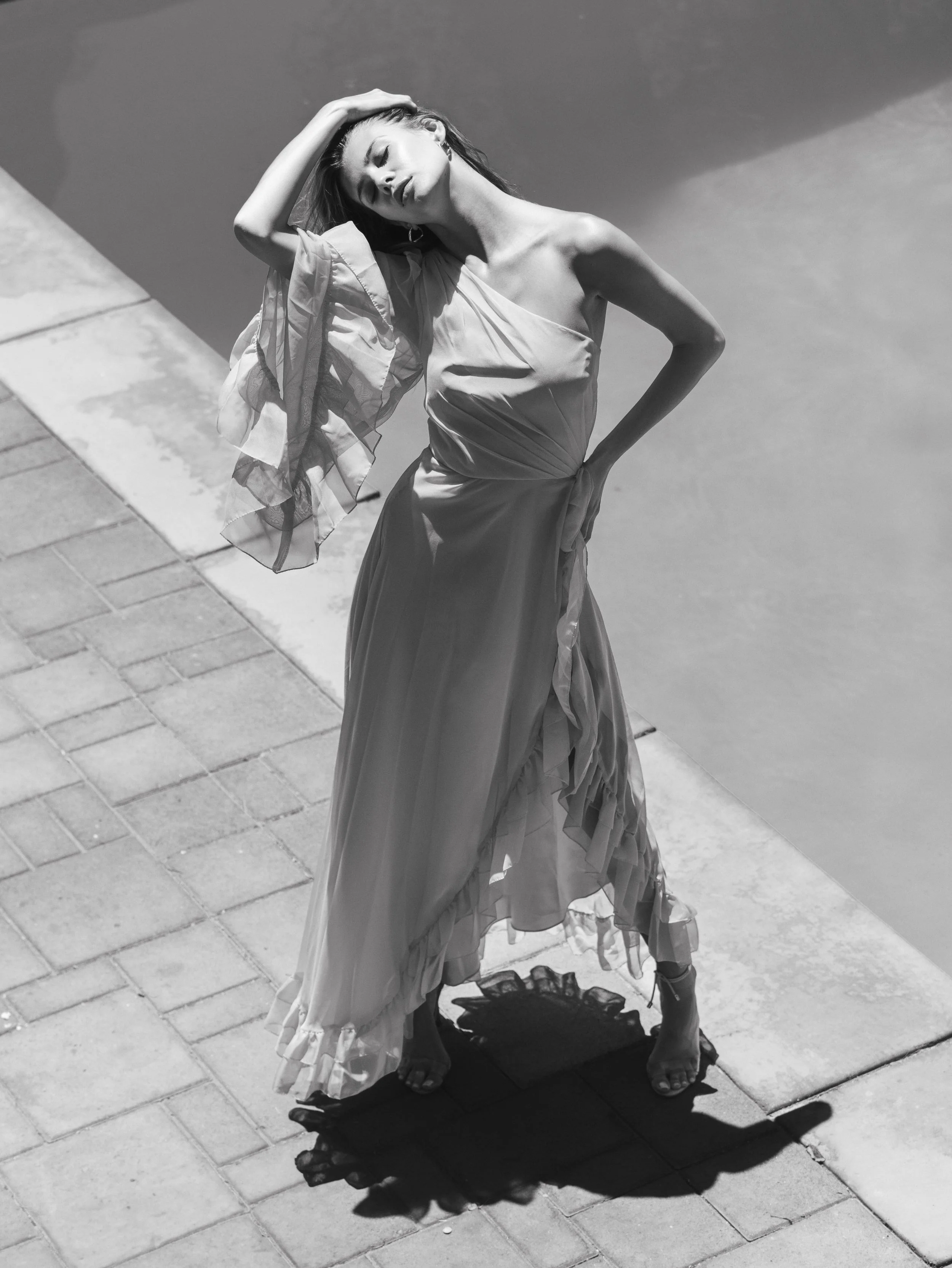 One Sleeve Ruffled Hem Gown