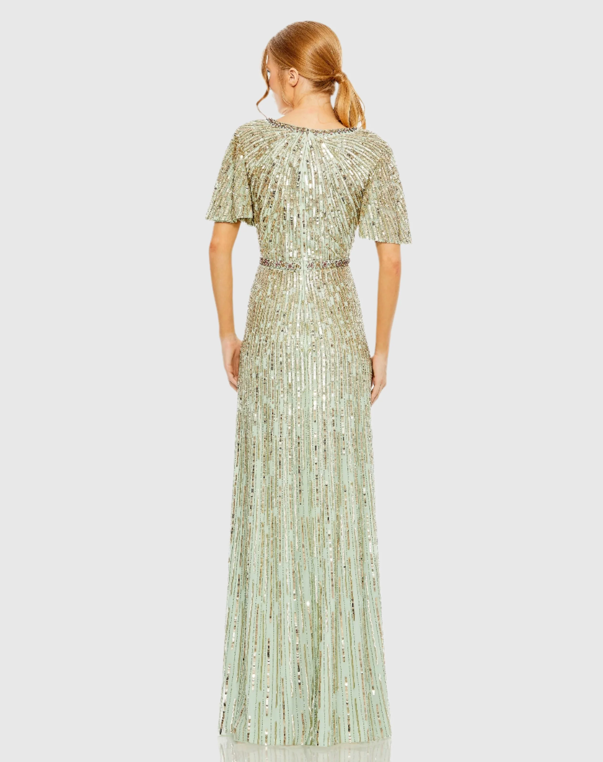 Green Embellished V Neck Butterfly Sleeve Column Gown