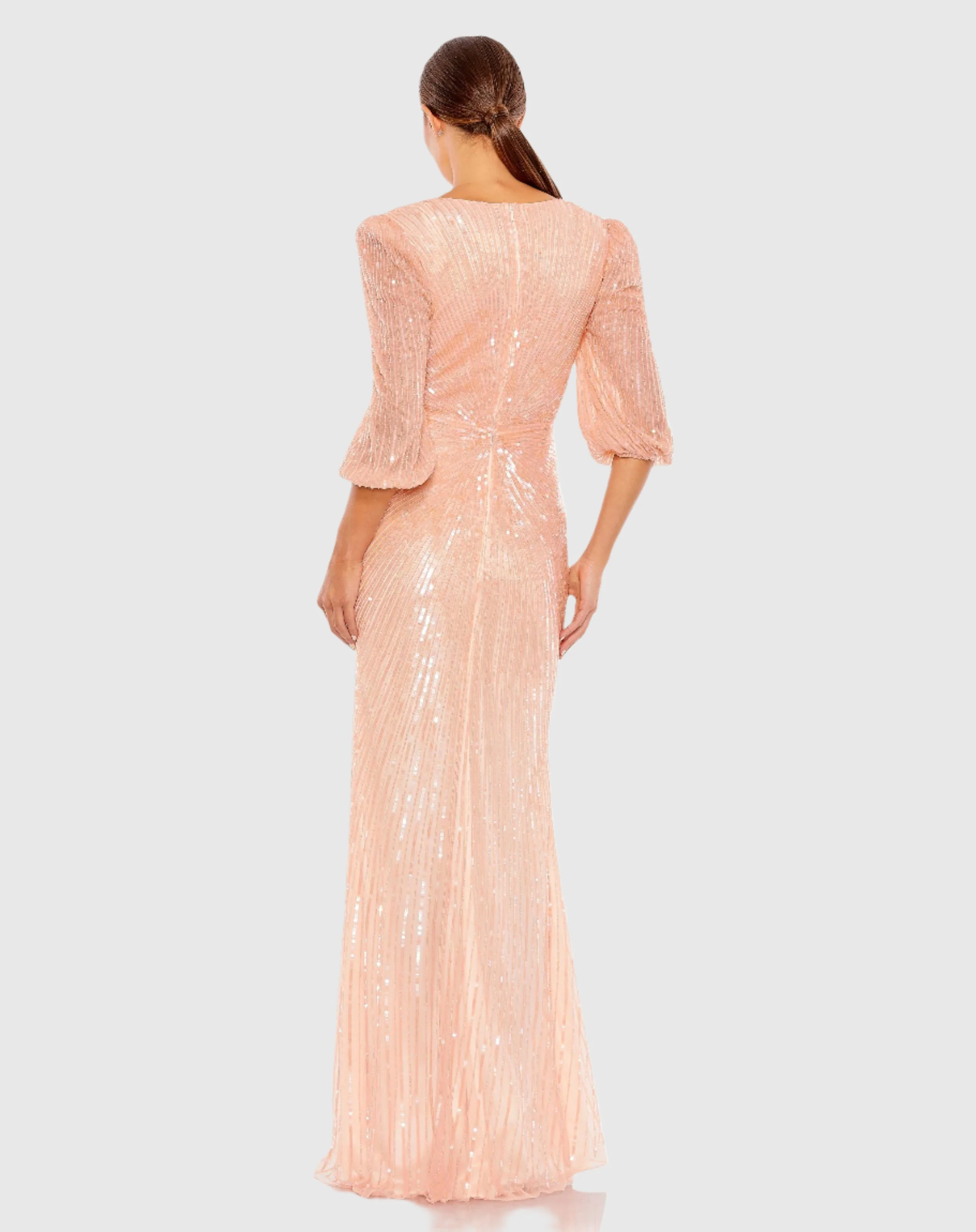 Sequined Faux Wrap Puff Sleeve Gown