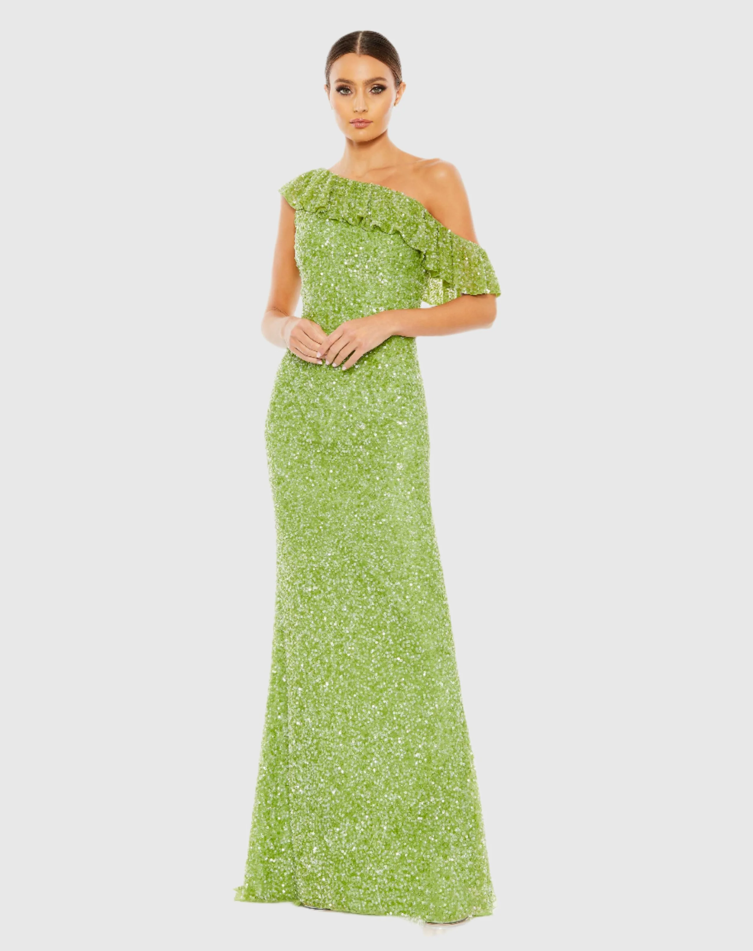 Green Sequined Drop Shoulder Trumpet Gown