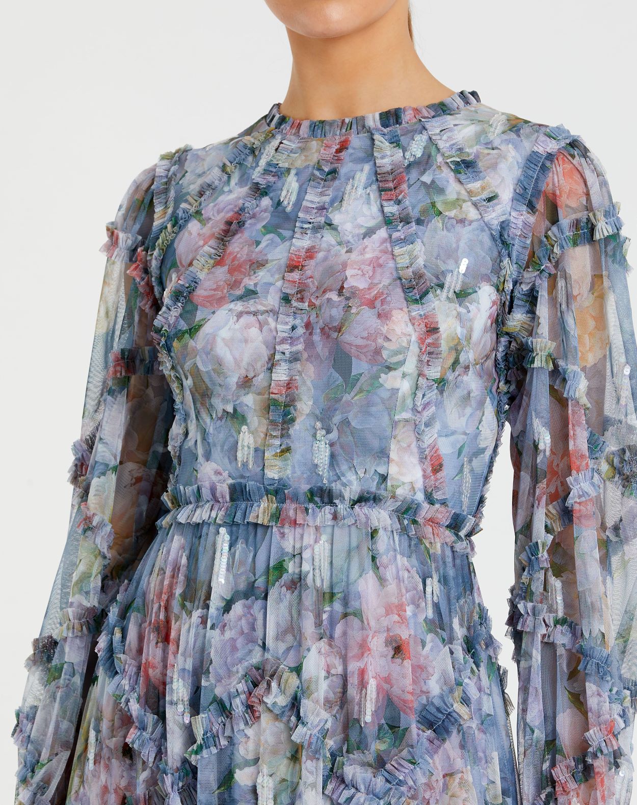 Blue Floral Long Sleeve High Neck Ruffle Detail Dress