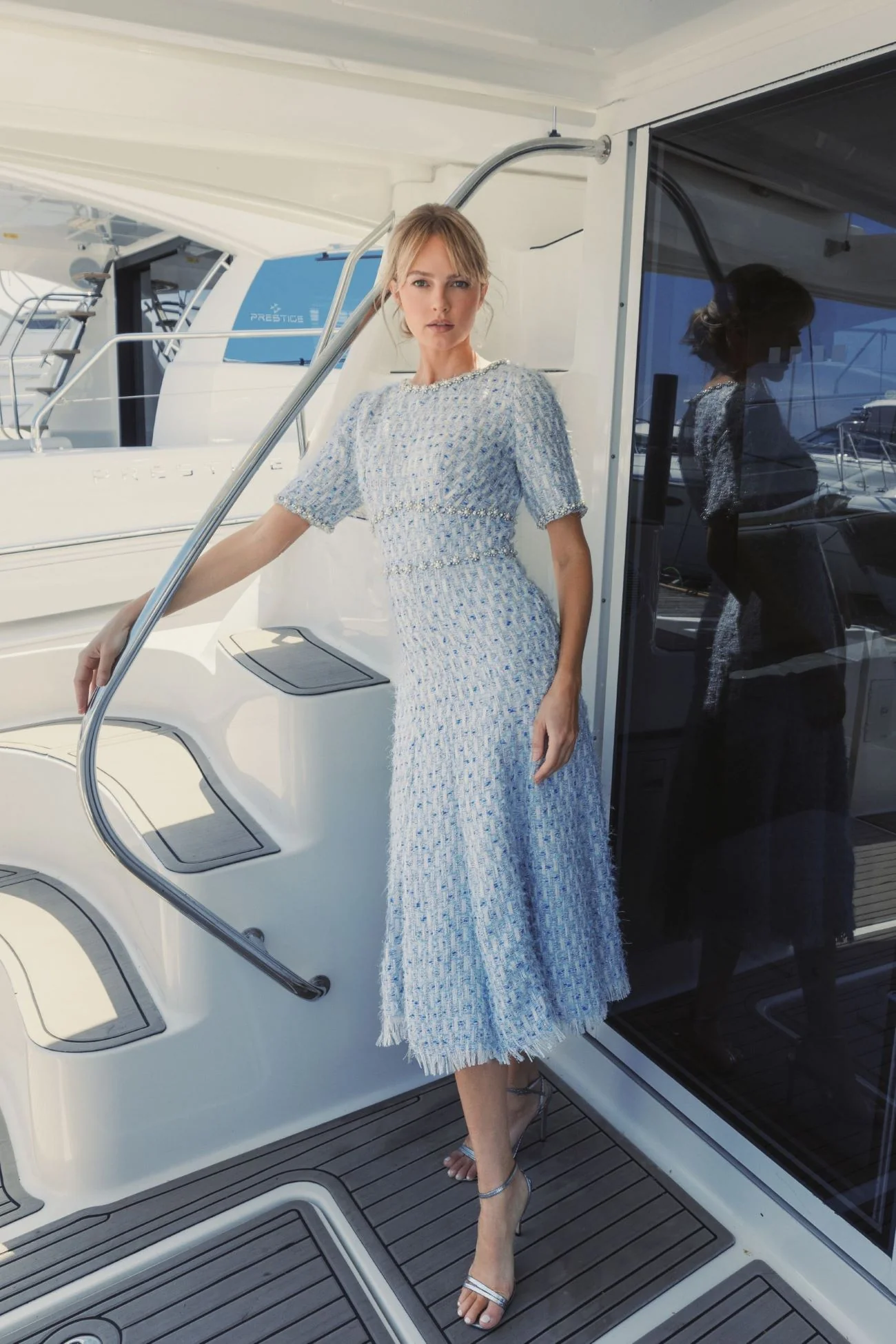 Blue Short Sleeve Beaded Trim Boucle Midi Dress