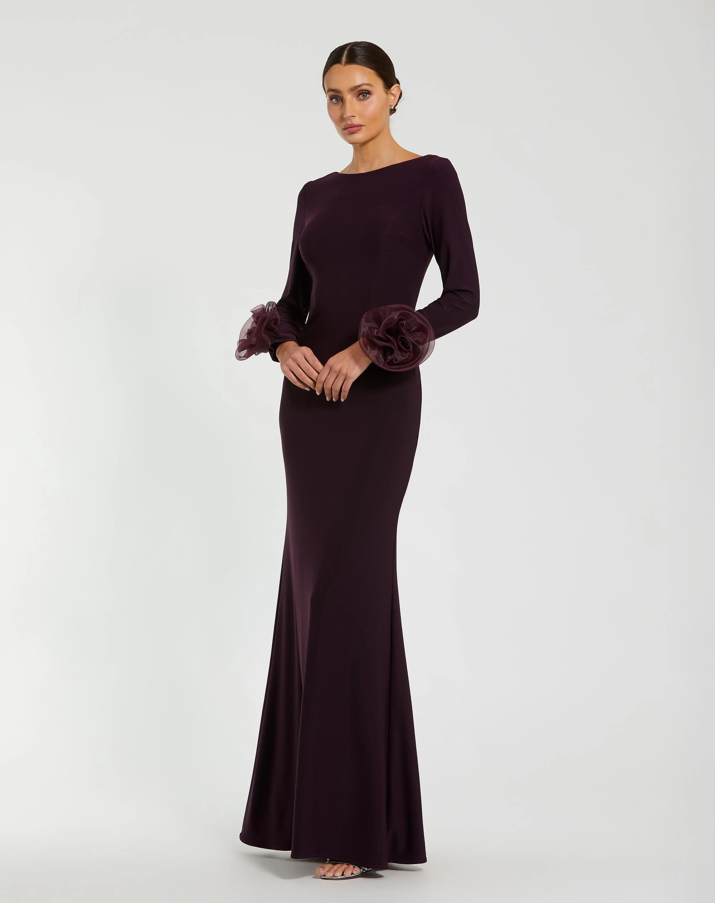 Purple Long Sleeve Fitted Jersey Gown With 3D Flowers