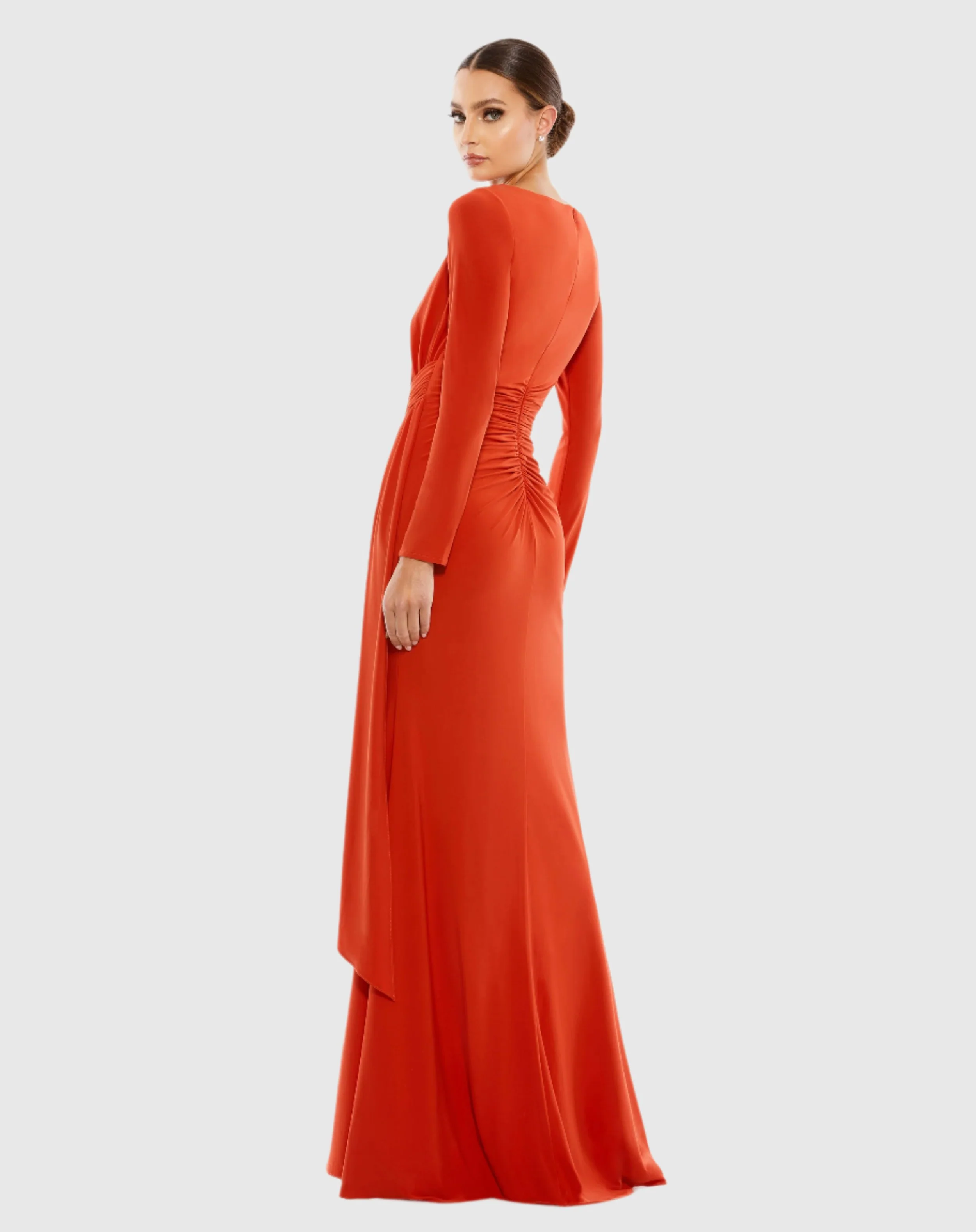 Orange Ruched Long Sleeve Cowl Neck Gown