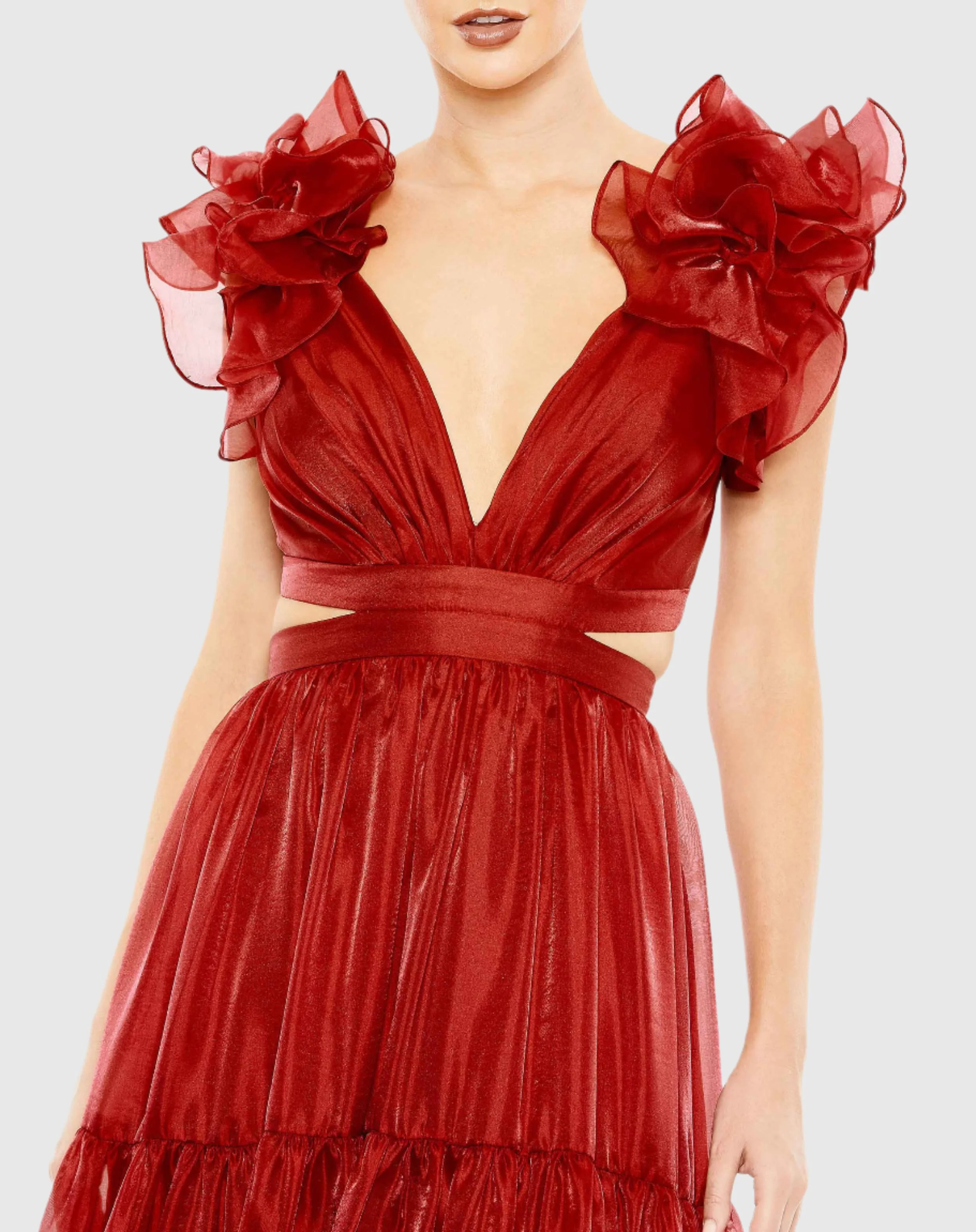 Red Ruffled Shoulder Cut Out Soft Tie Back Tiered Gown