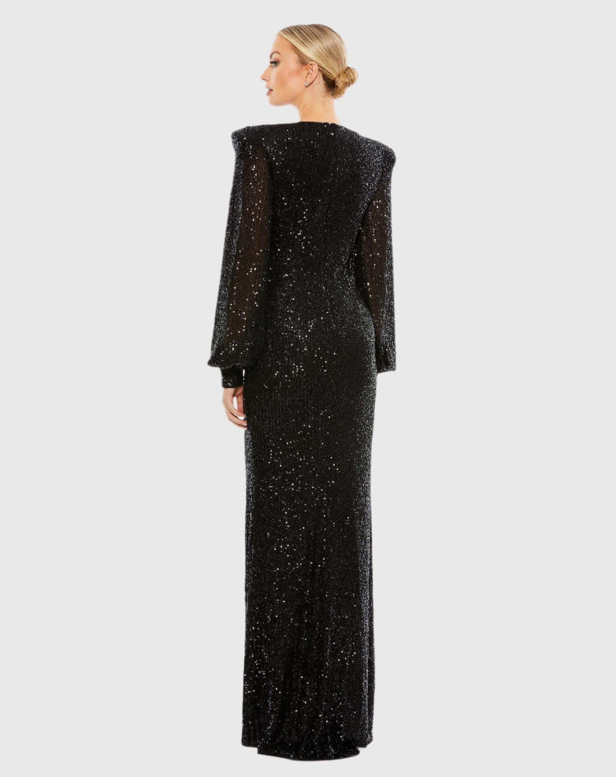 Black Sequined Plunge Neck Structured Bishop Sleeve Gown