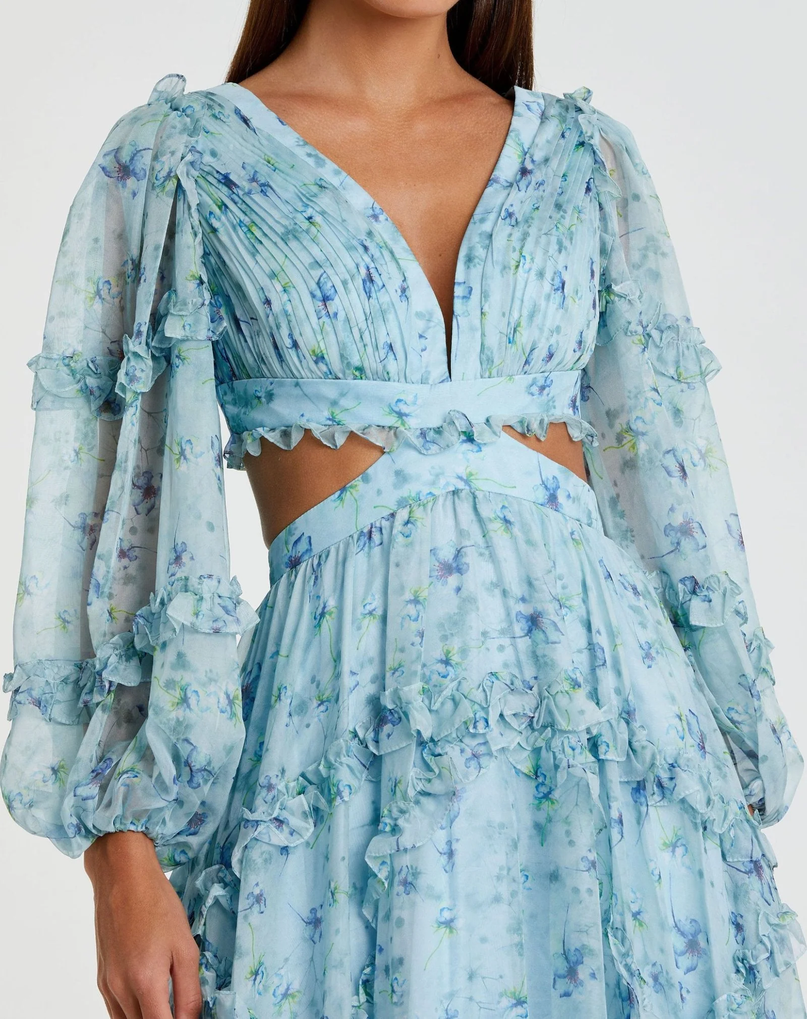Ruffle Tiered Floral Cutout Long Sleeve Gown