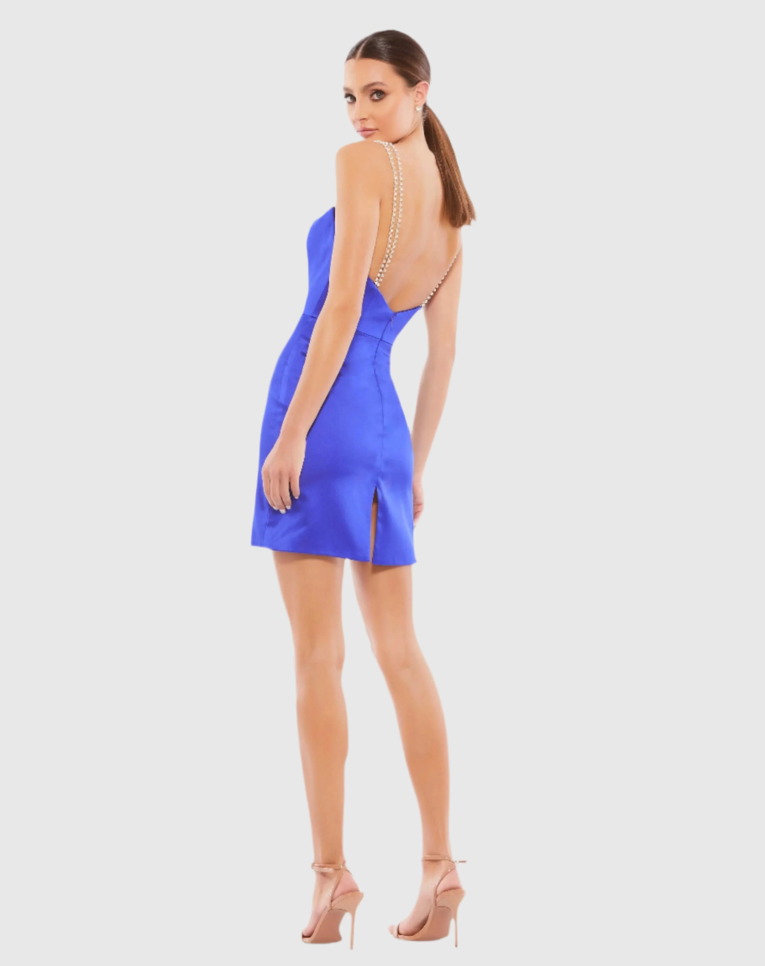 Blue Rhinestone Strap Satin Mini Dress