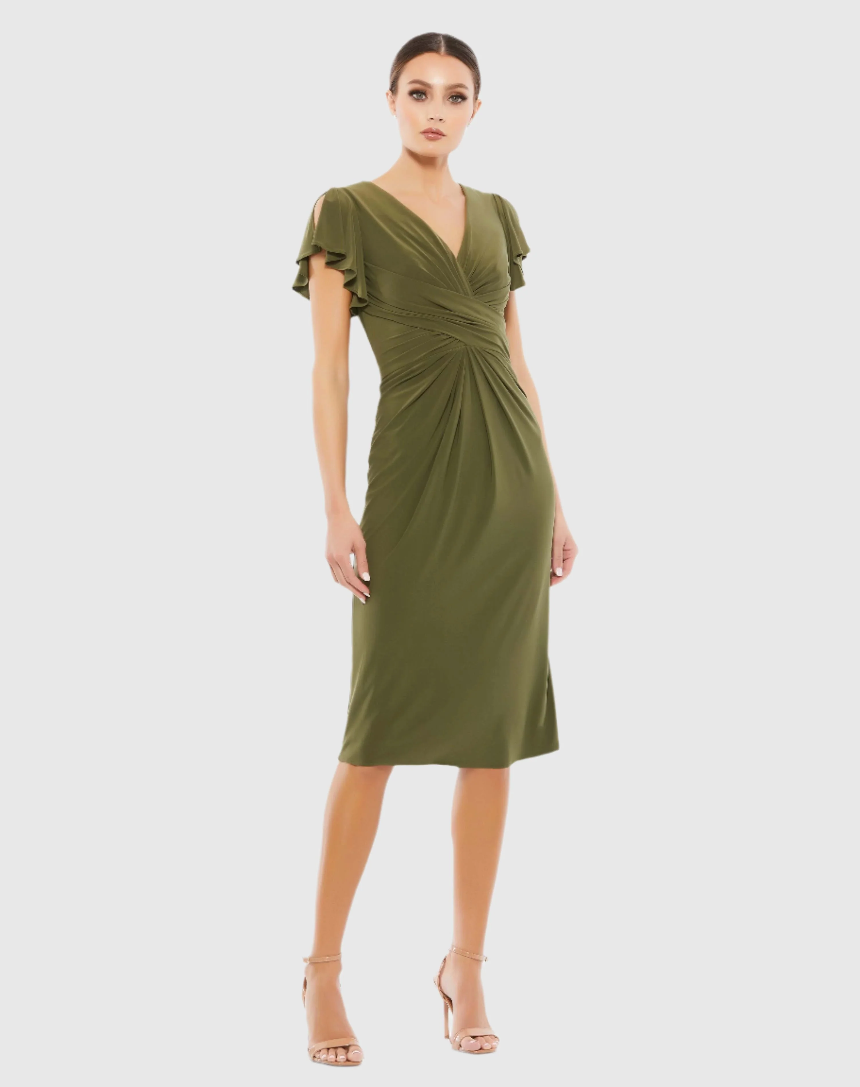 Dark Green Flounce Sleeve Midi Dress