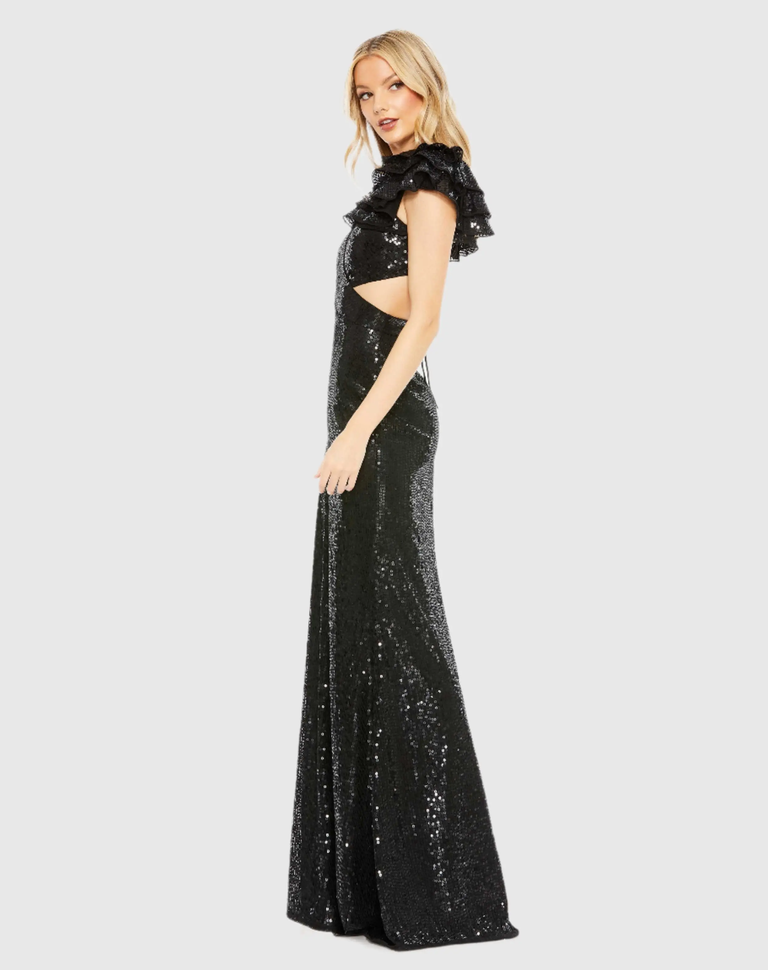 Black Sequined Ruffled Cut Out Lace Up Gown - FINAL SALE