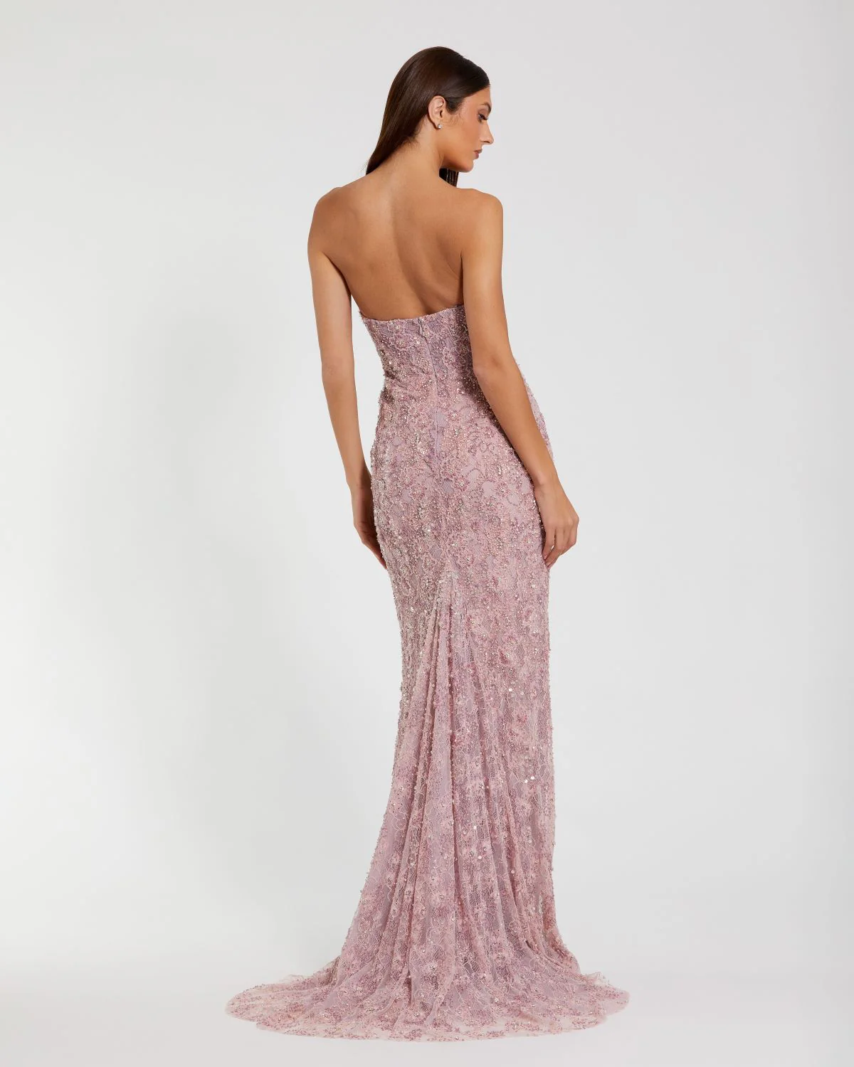 Pink Beaded Strapless Bustier Gown With Sweeping Train