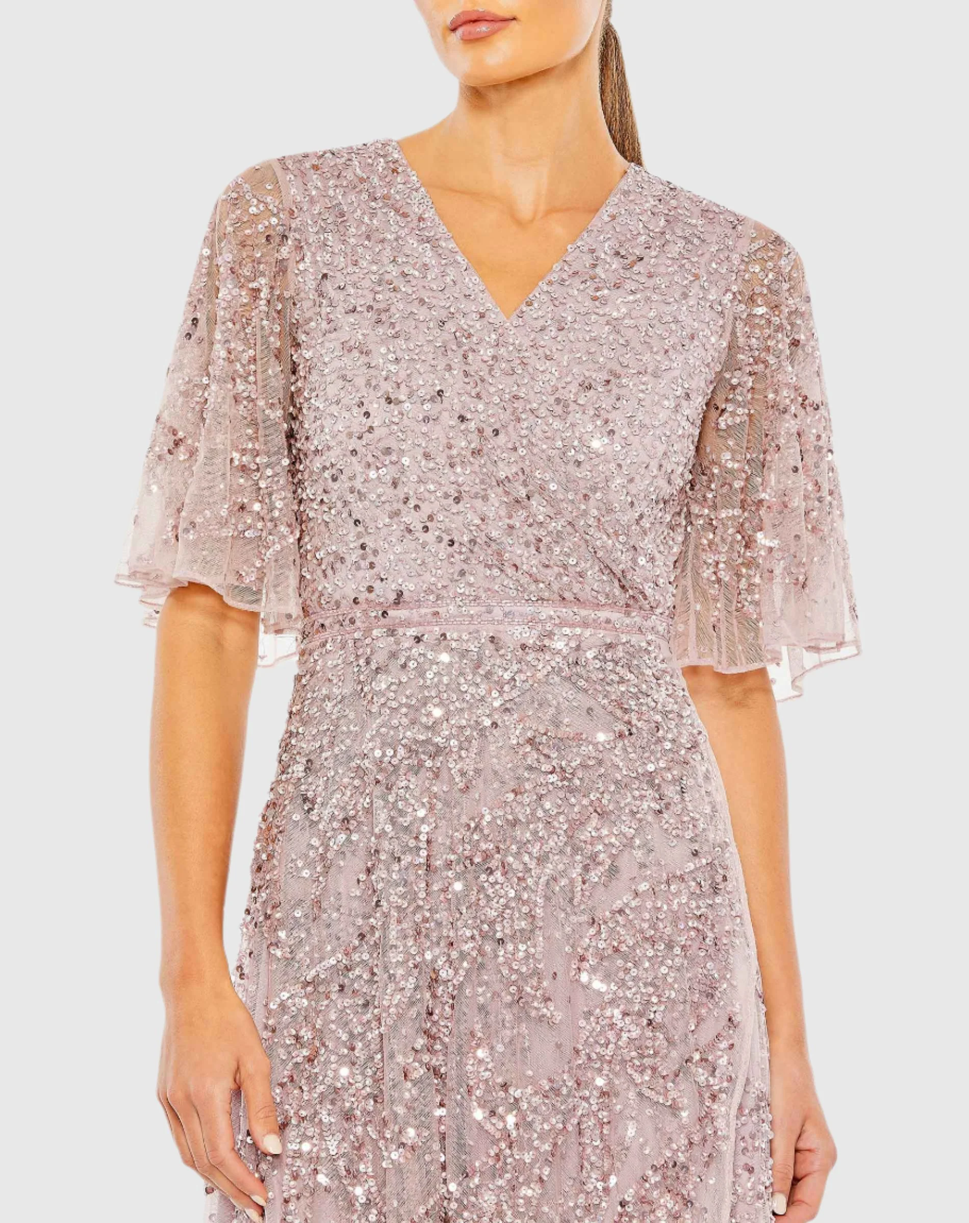 Purple Sequined Butterfly Sleeve High Low Gown