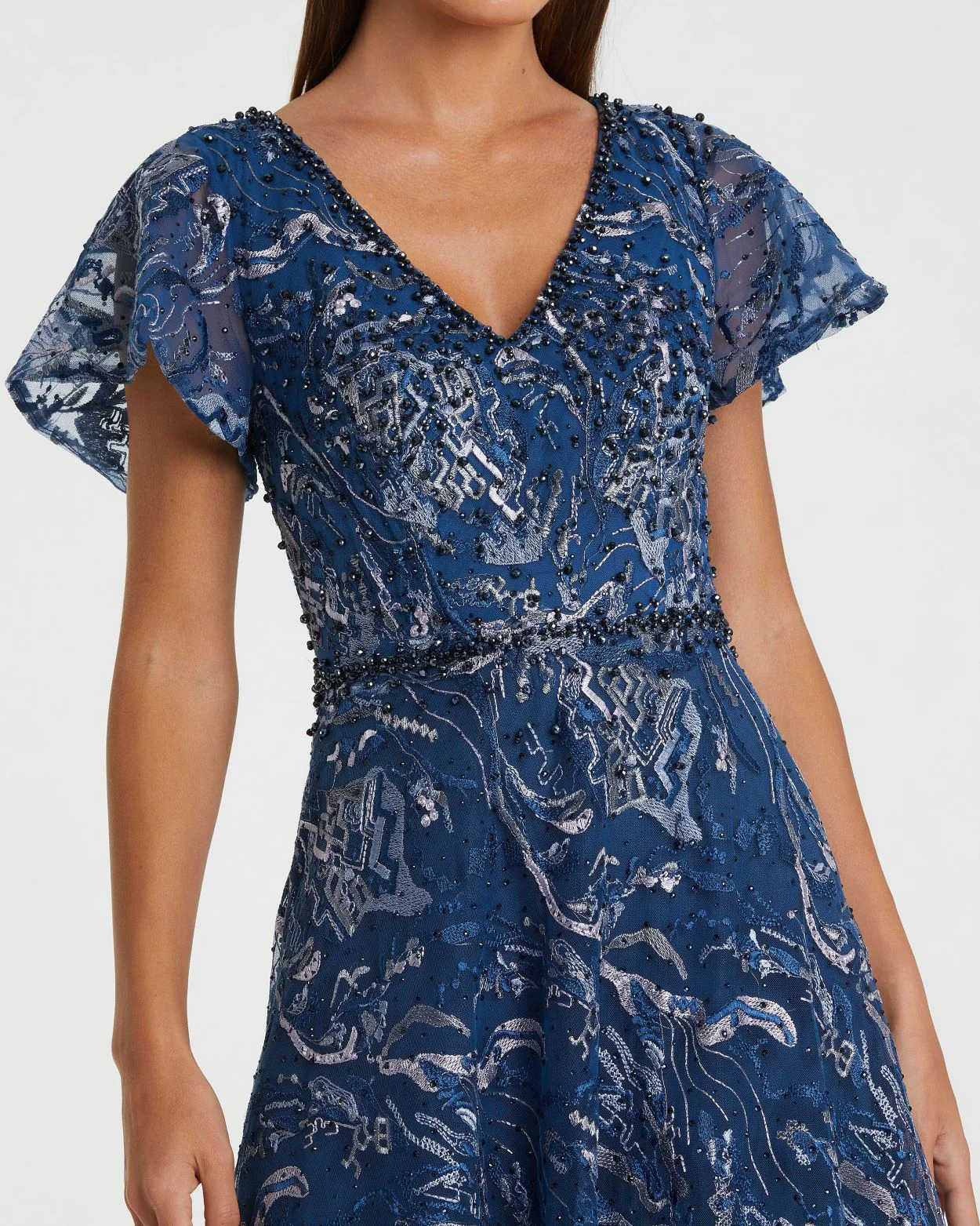 Navy Embellished Illusion Butterfly Sleeve A-Line Gown