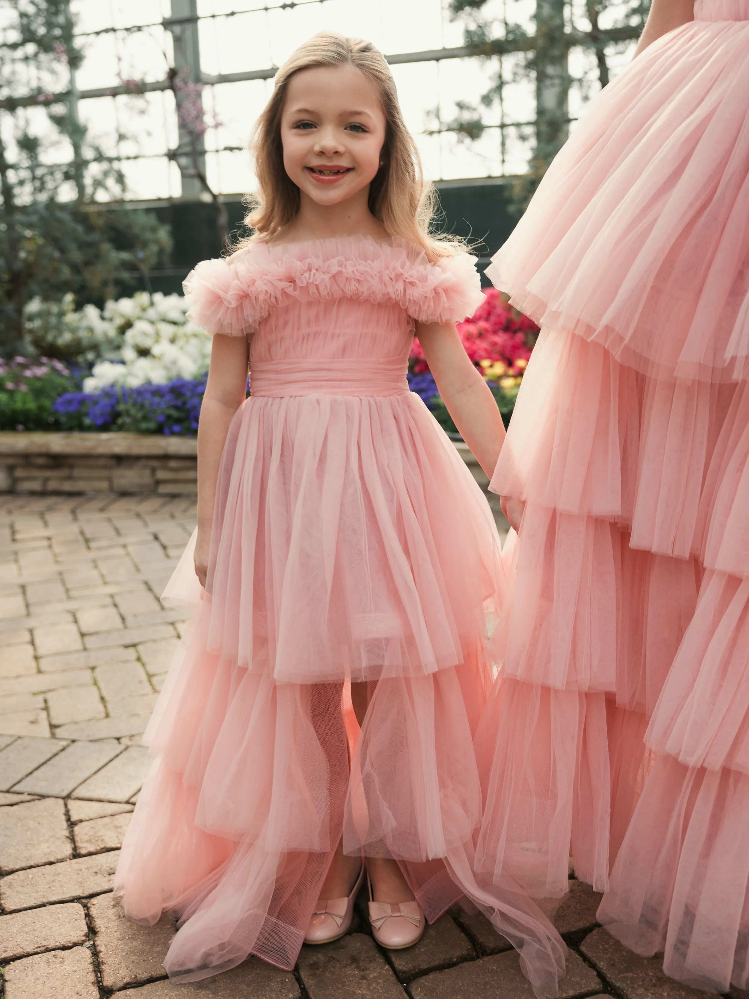 Pink Girls Off the Shoulder High Low Tulle Dress