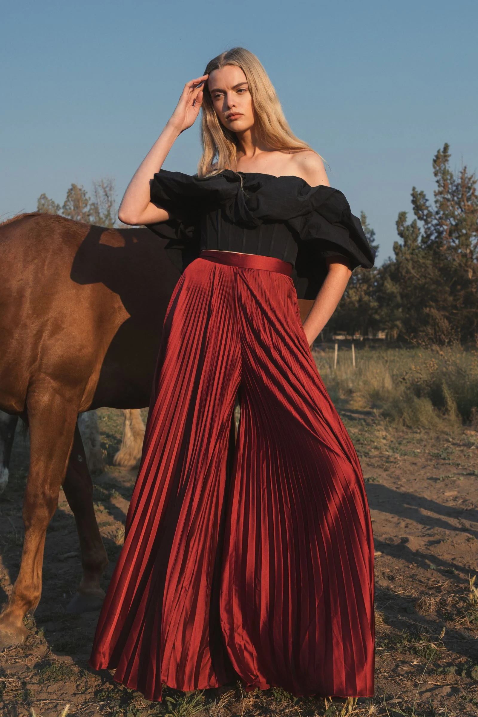 Pleated Charmeuse Wide Leg Pants
