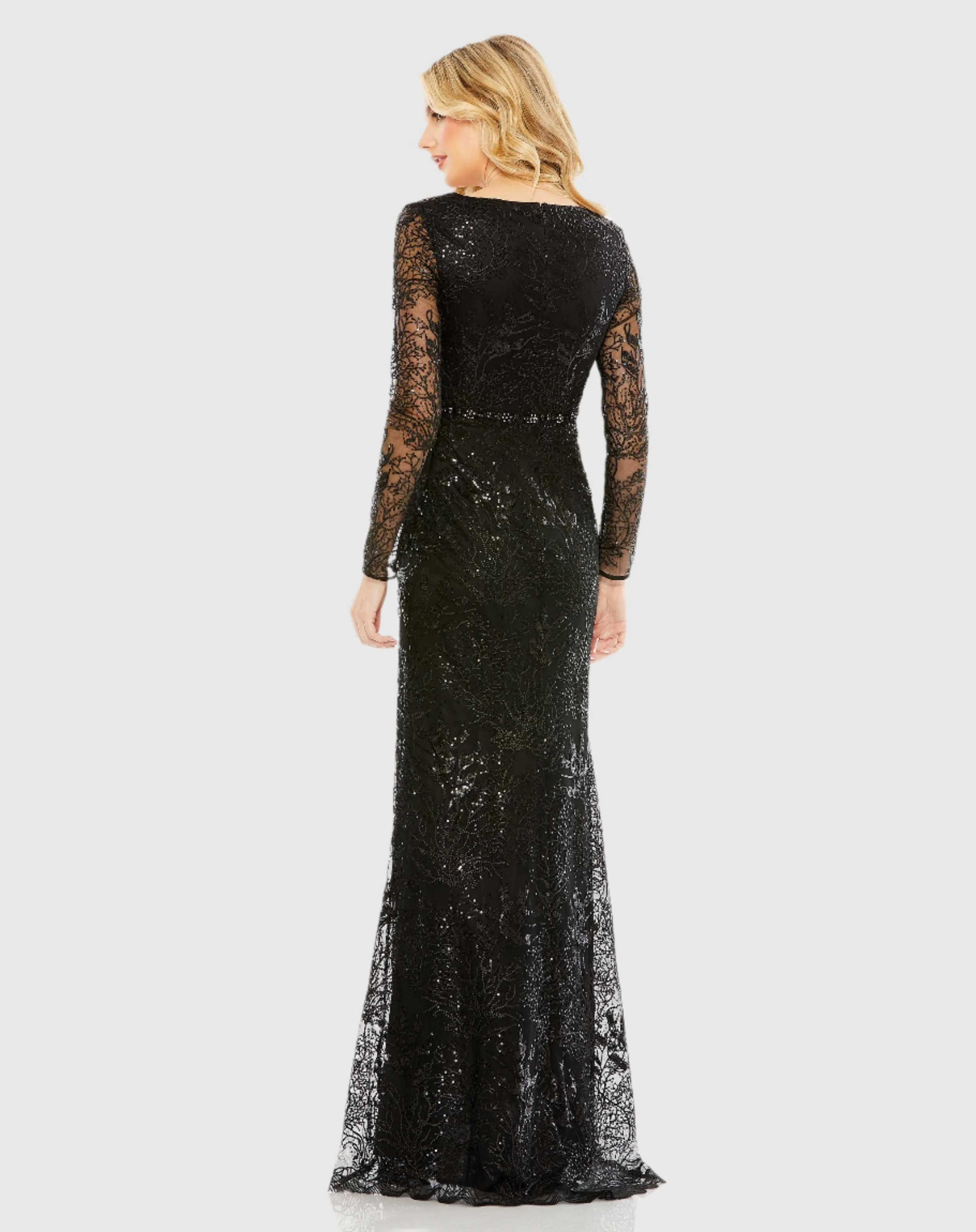 Black Embellished Wrap Over Long Sleeve Gown