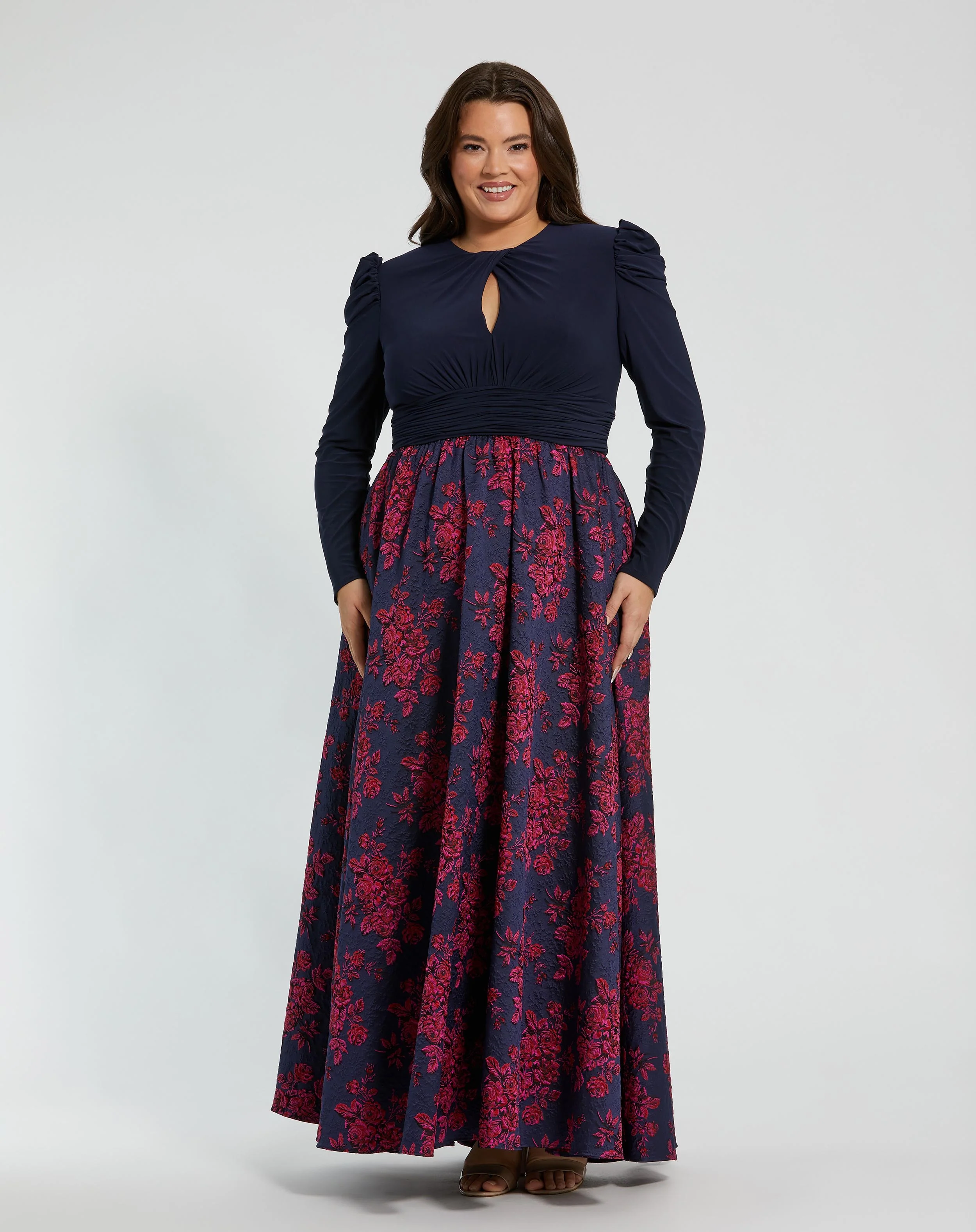 Blue Long Sleeve Keyhole Knot Neck Floral Bottom Gown