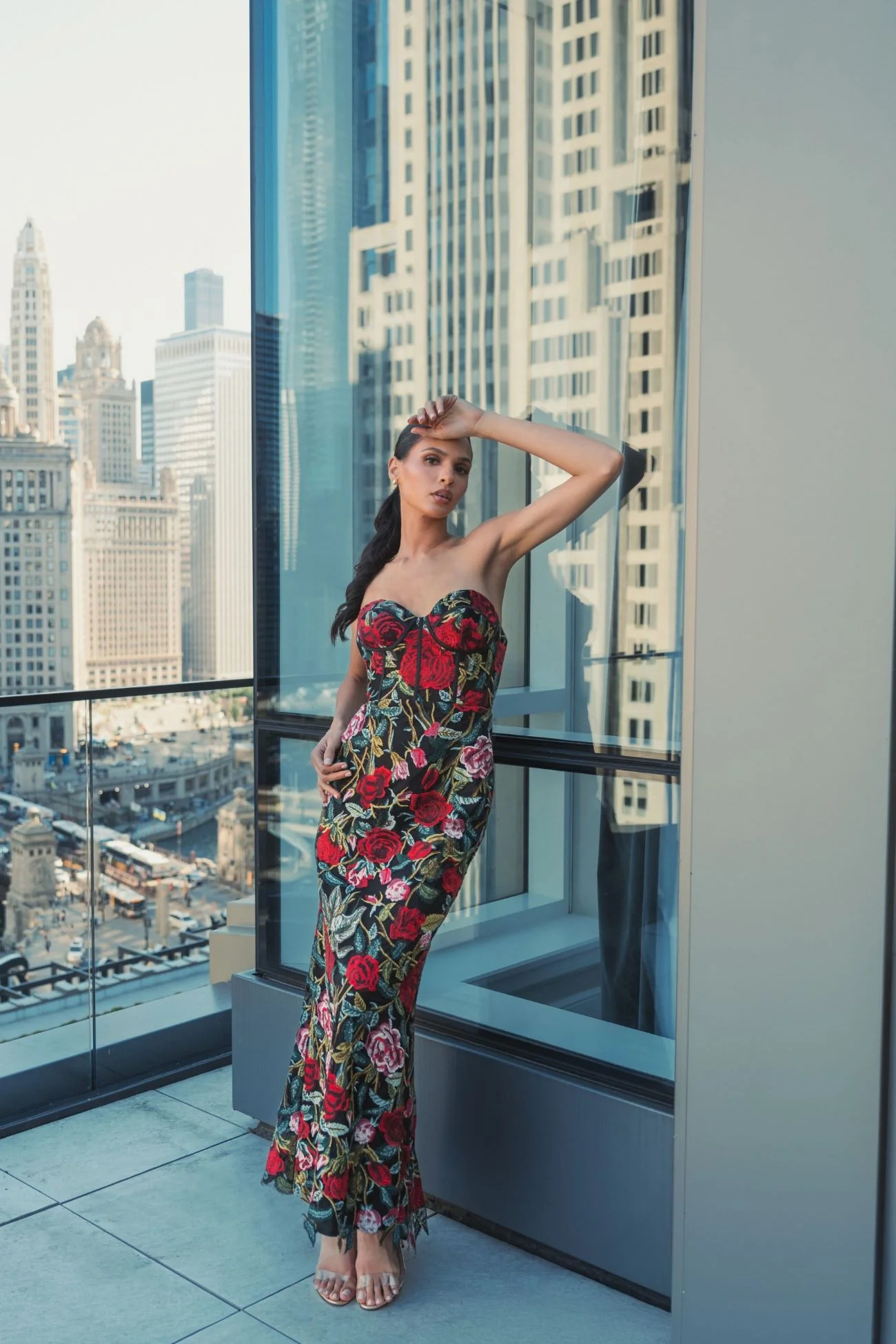 Sheer Bustier Top Floral Applique Gown